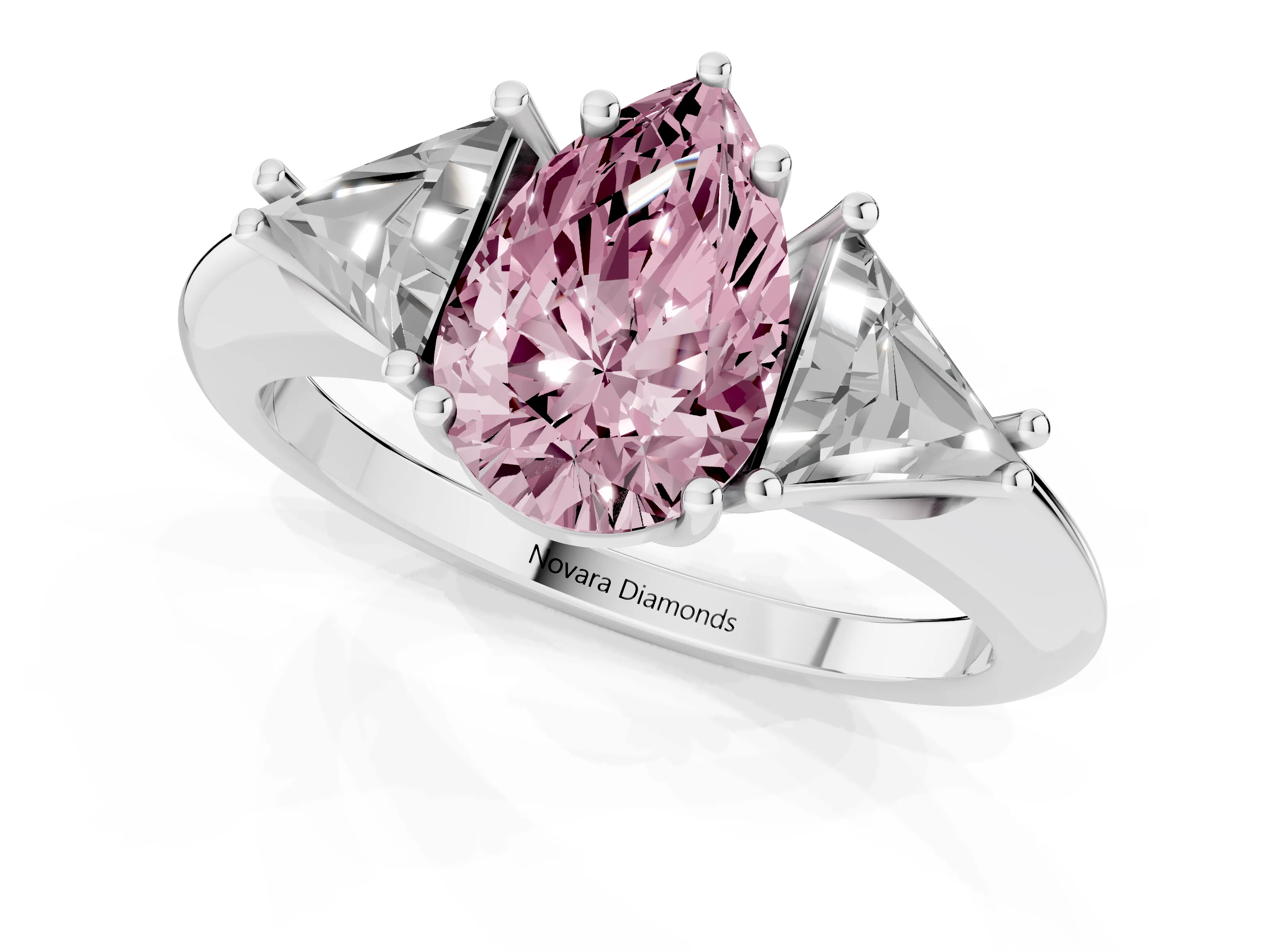 Fancy Pink Pear Cut Diamond Three-Stone Engagement Ring Set in Platinum with Trillion Side Stones