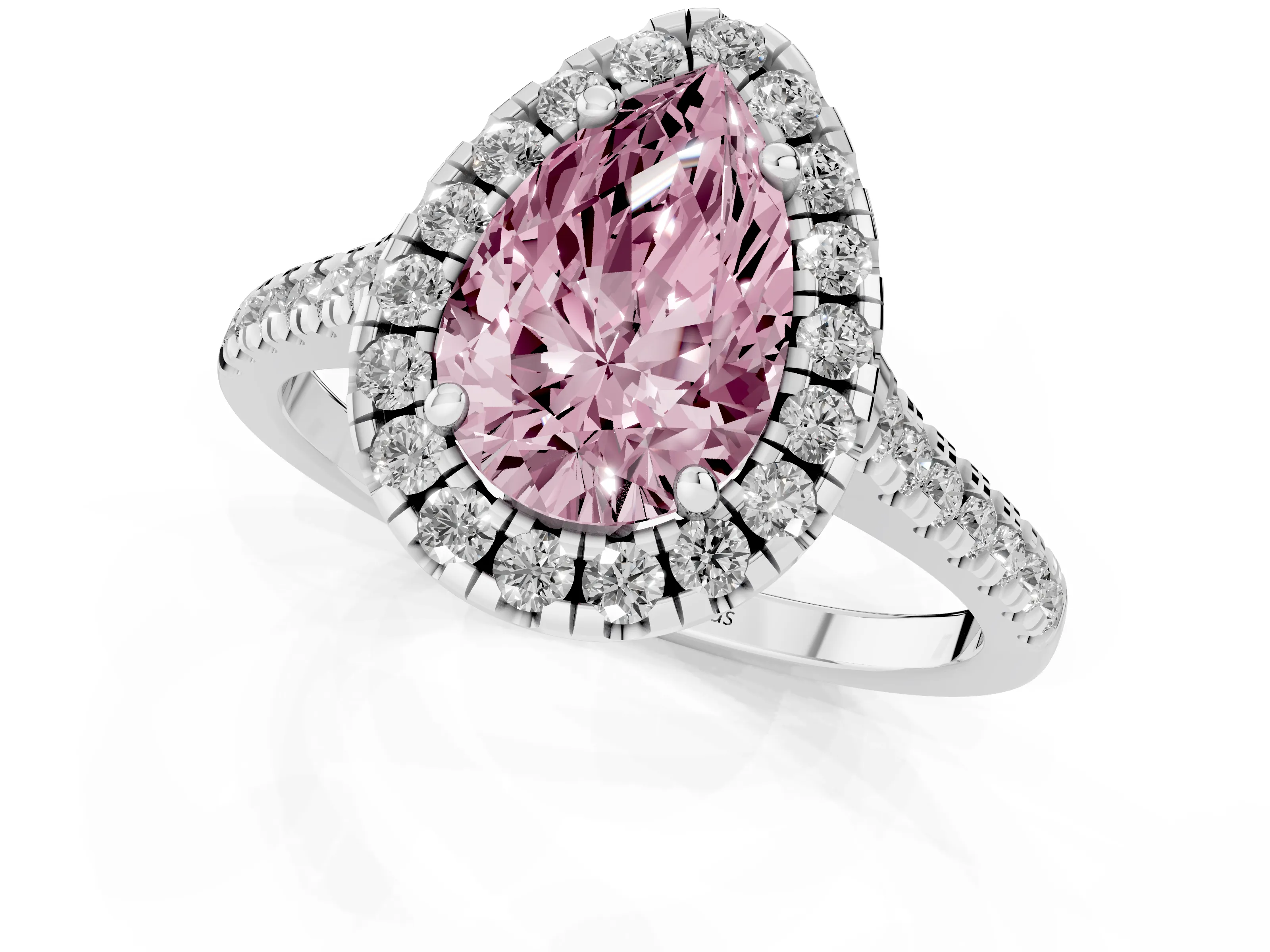 Fancy Pink Pear Cut Diamond Cushion Halo Ring Set in Platinum with Pavé Band