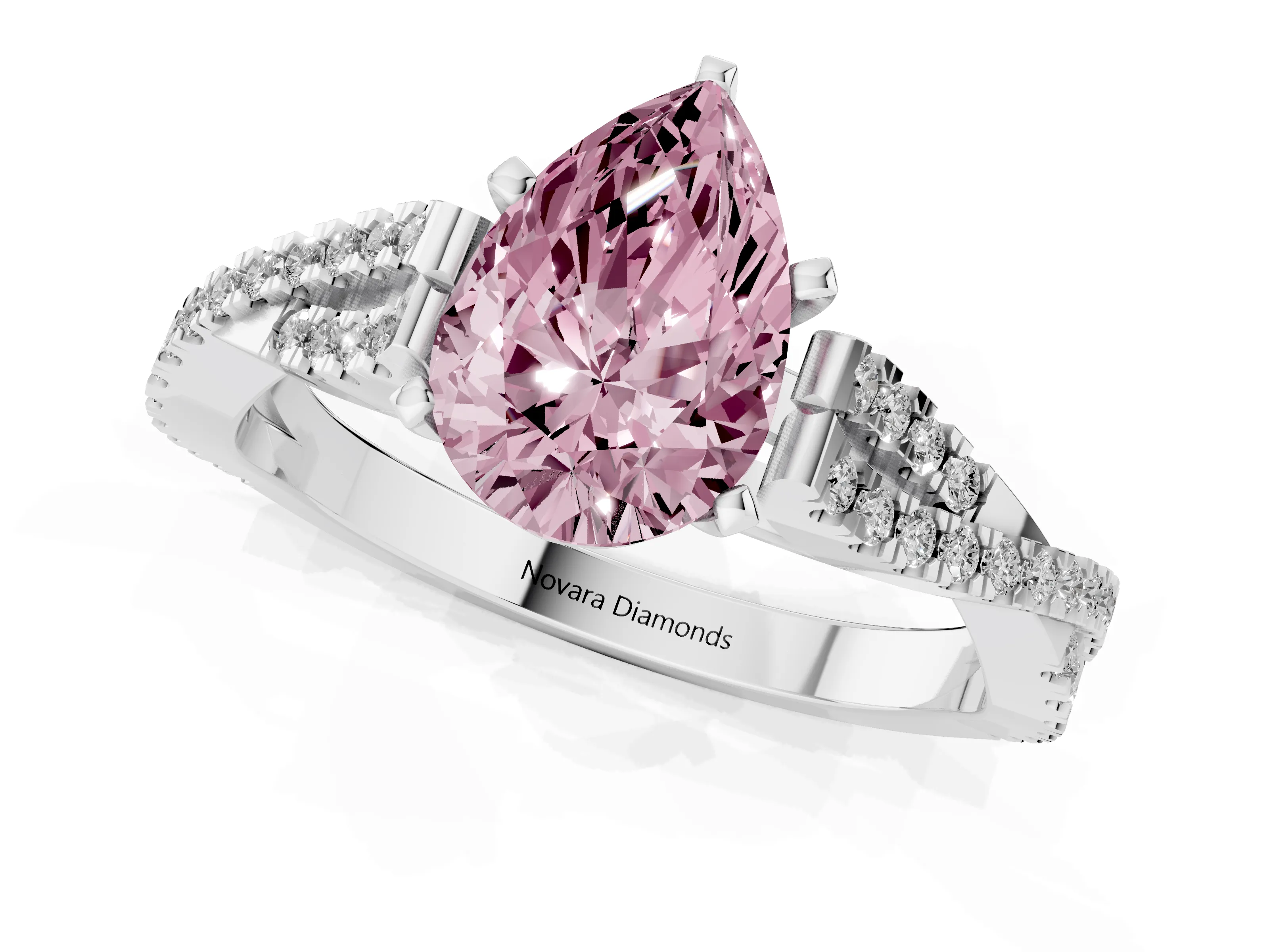 Fancy Pink Pear Cut Diamond Solitaire Engagement Ring Set in White gold with Twisted Pavé Band and Prong Setting