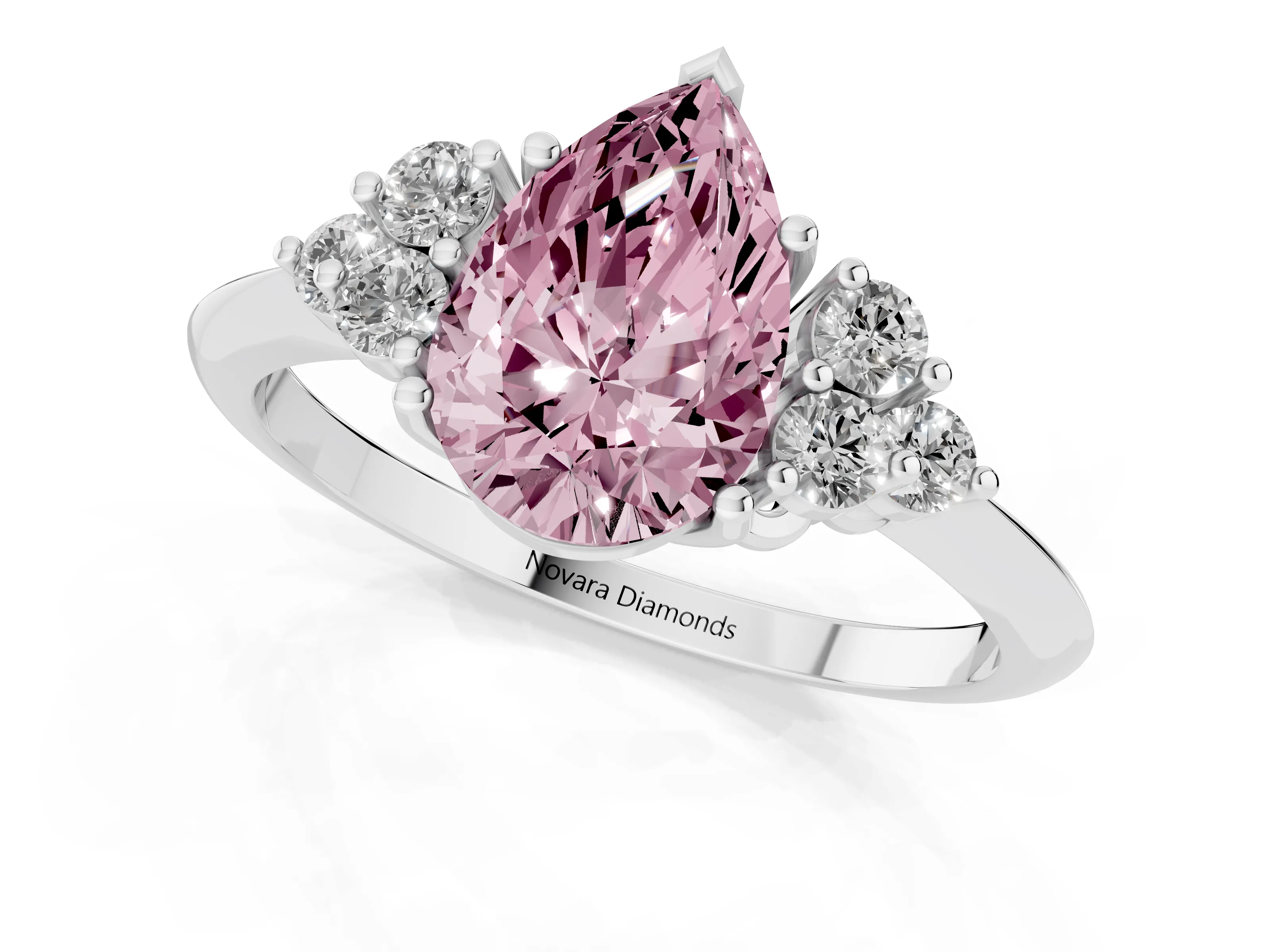 Fancy Pink Pear Cut Diamond Cluster Ring Set in Platinum with Plain Band and Prong Setting