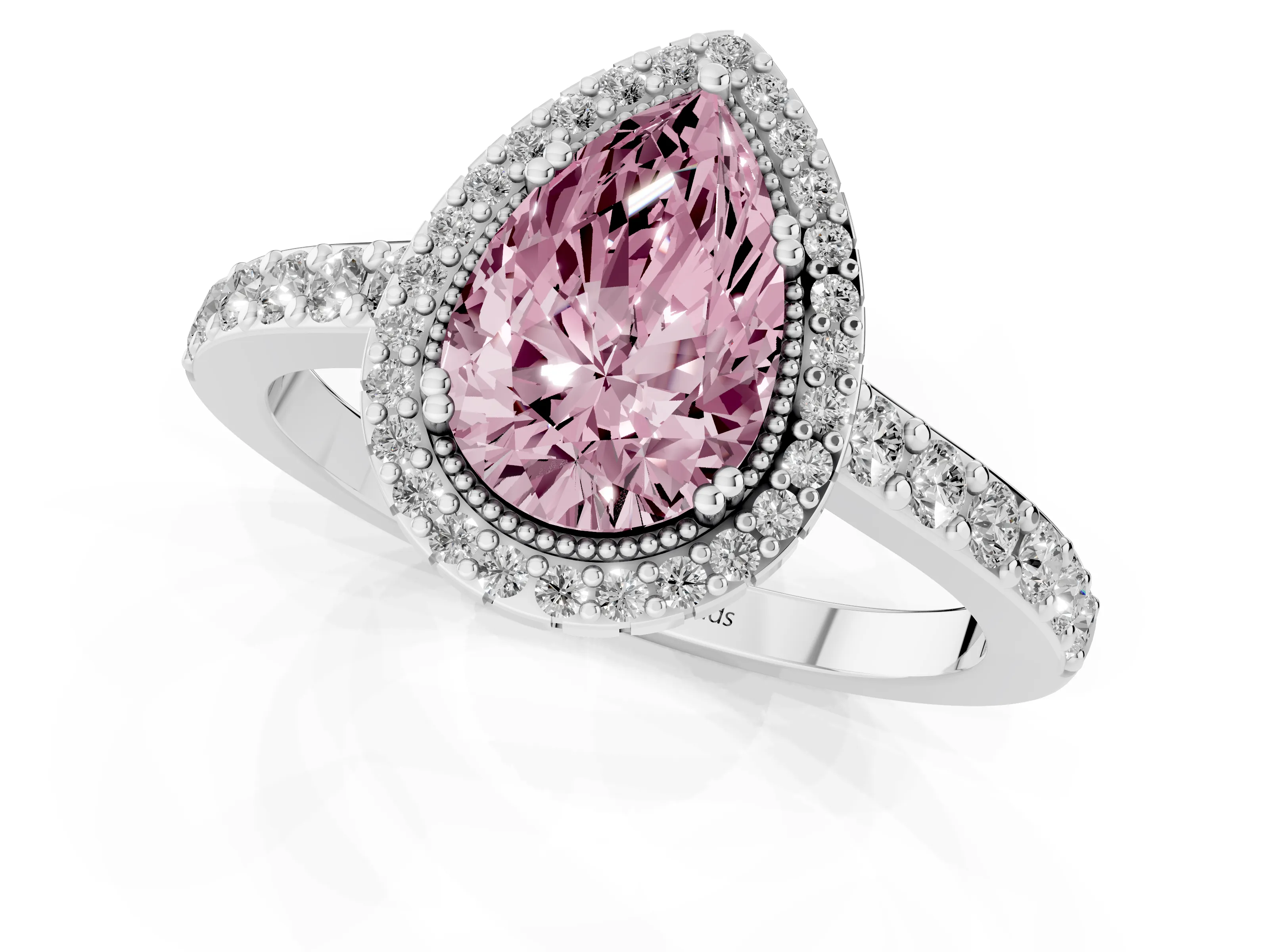 Fancy Pink Pear Cut Diamond Halo Engagement Ring Set in White gold with Milgrain Detail and Pavé Band