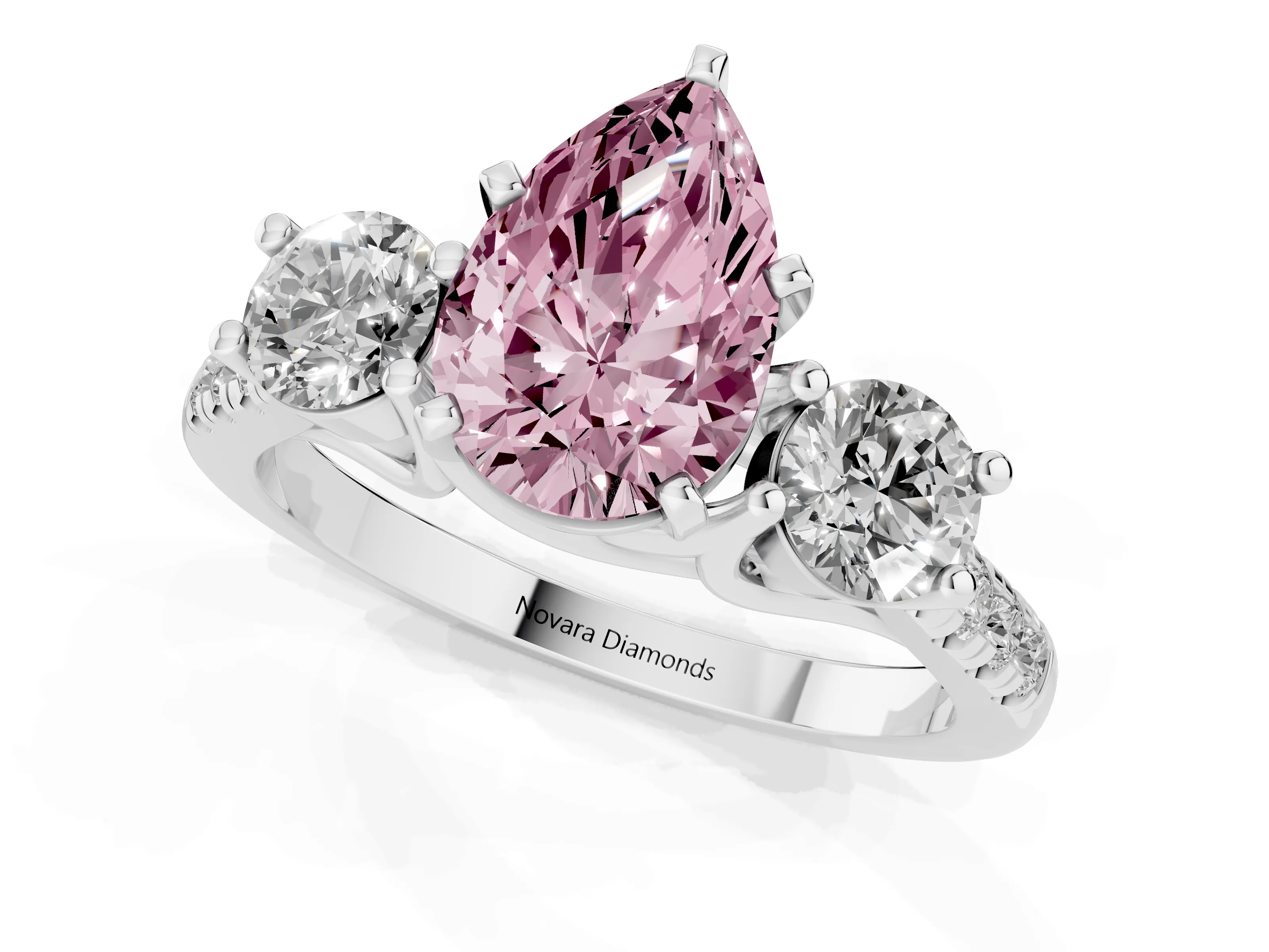 Fancy Pink Three-Stone Pear Cut Diamond Pavé Band Ring Set in Platinum with Prong-Set Trio