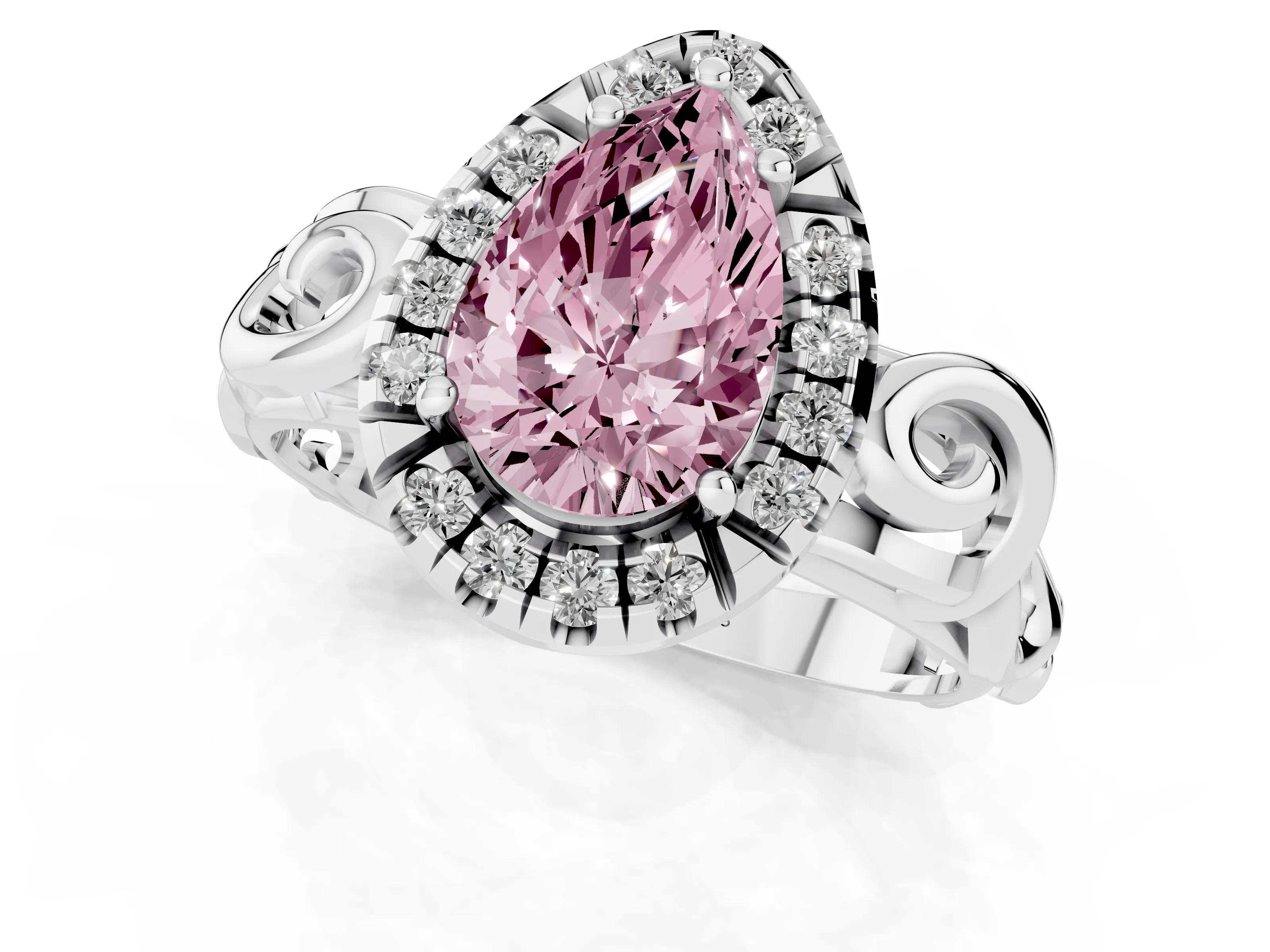 Fancy Pink Pear Cut Diamond Halo Ring Set in Platinum with Scrollwork Band and Prong Setting