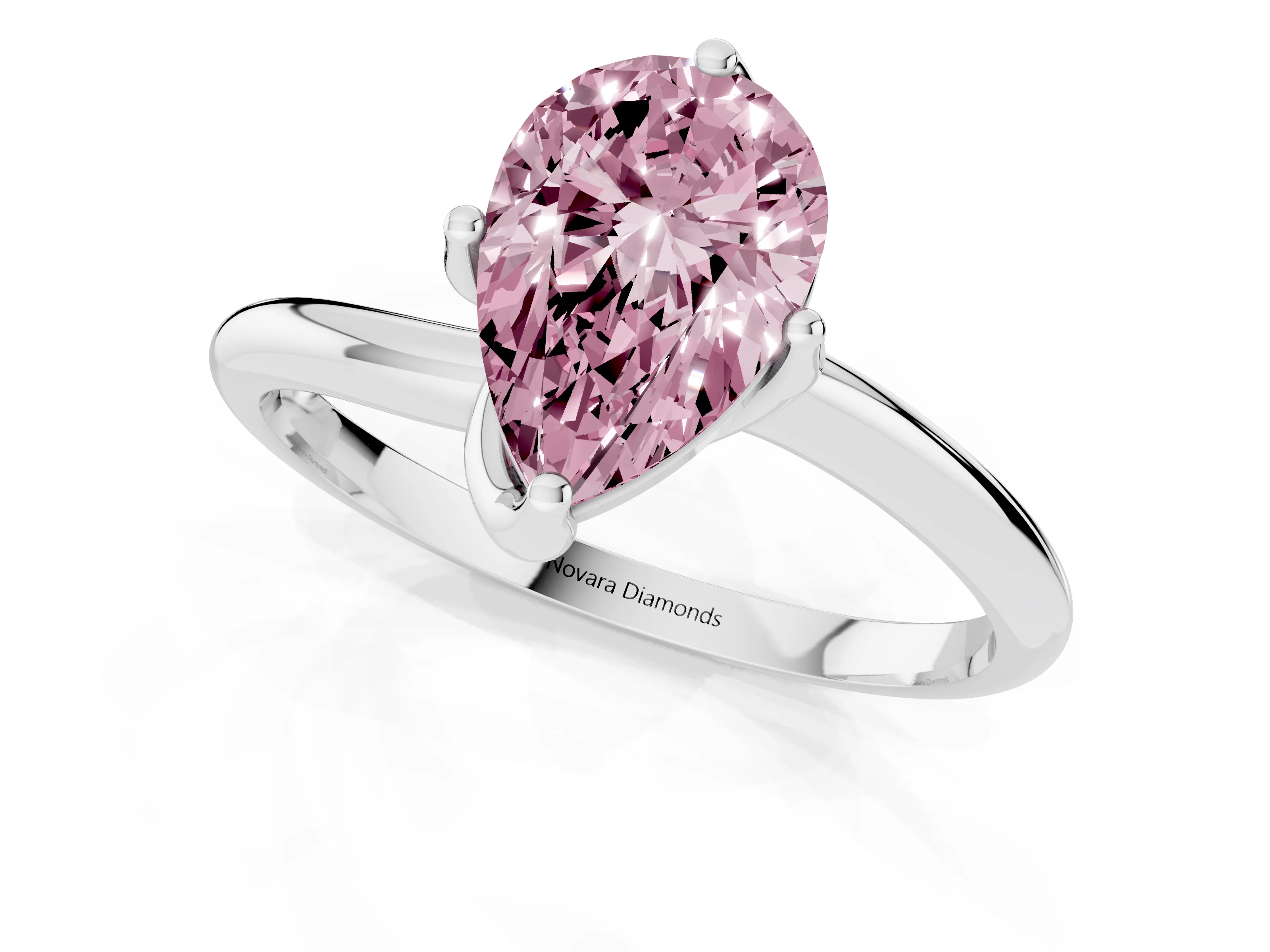 Fancy Pink Pear Cut Diamond Solitaire Engagement Ring Set in Platinum with Classic Plain Band