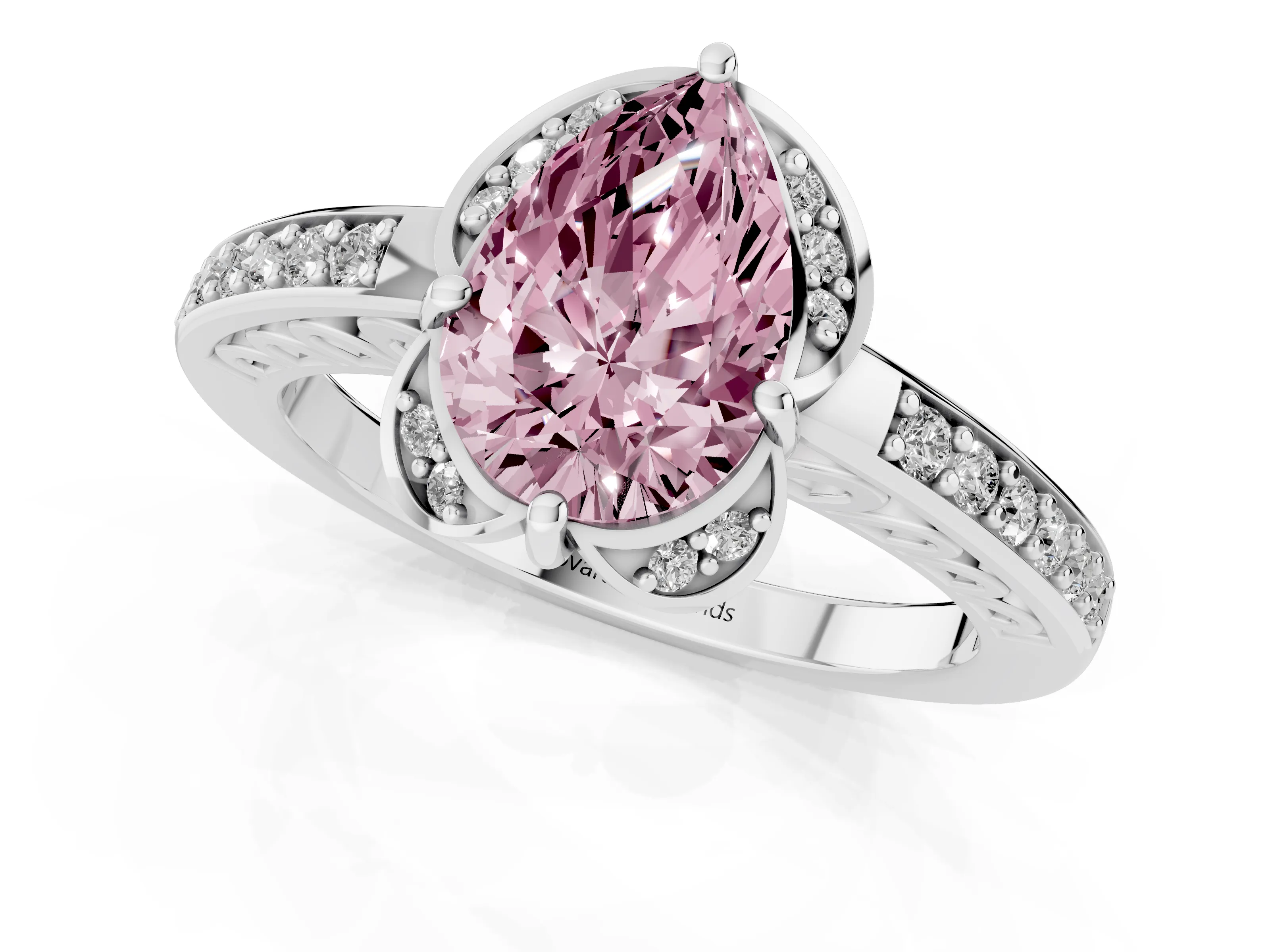 Fancy Pink Pear Cut Diamond Halo Ring Set in Silver with Channel Set Band and Prong Setting