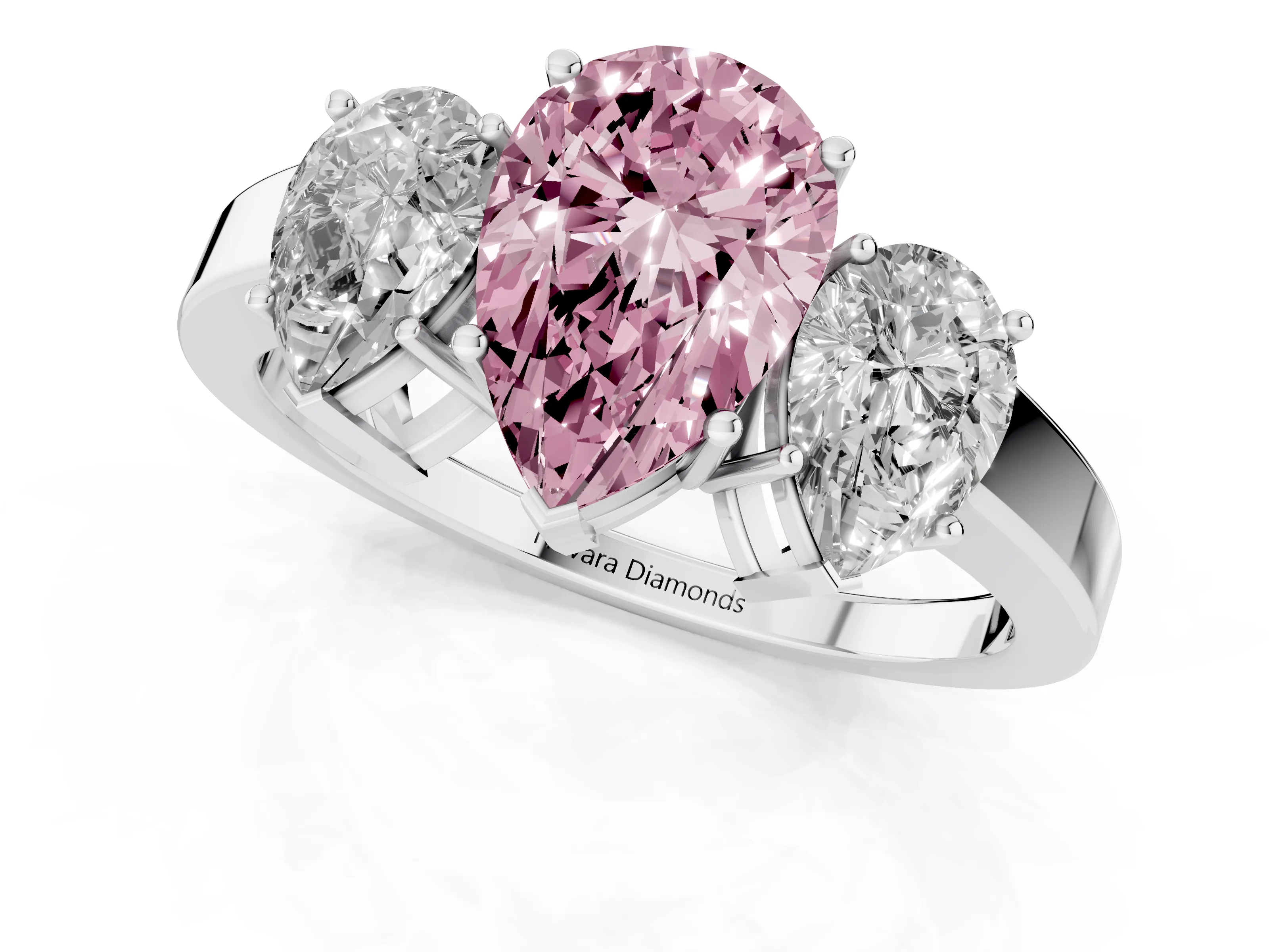 Fancy Pink Pear Cut Diamond Three-Stone Engagement Ring Set in Silver with Flat Band