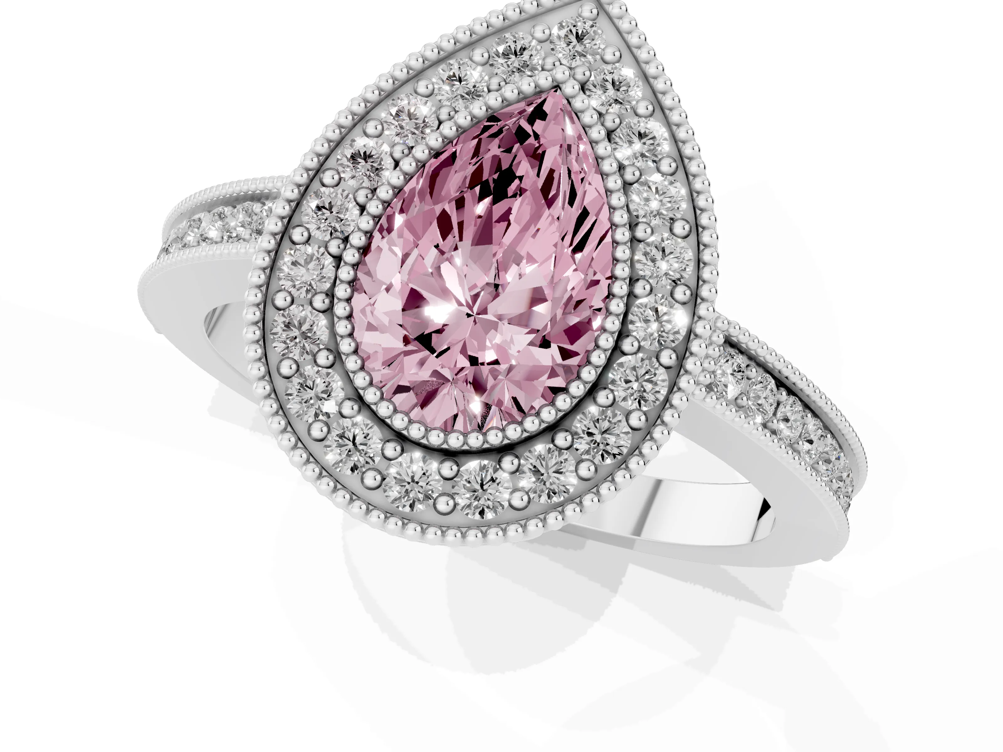 Fancy Pink Pear Cut Diamond Halo Ring Set in Platinum with Pavé Band and Milgrain-Edged Prongs