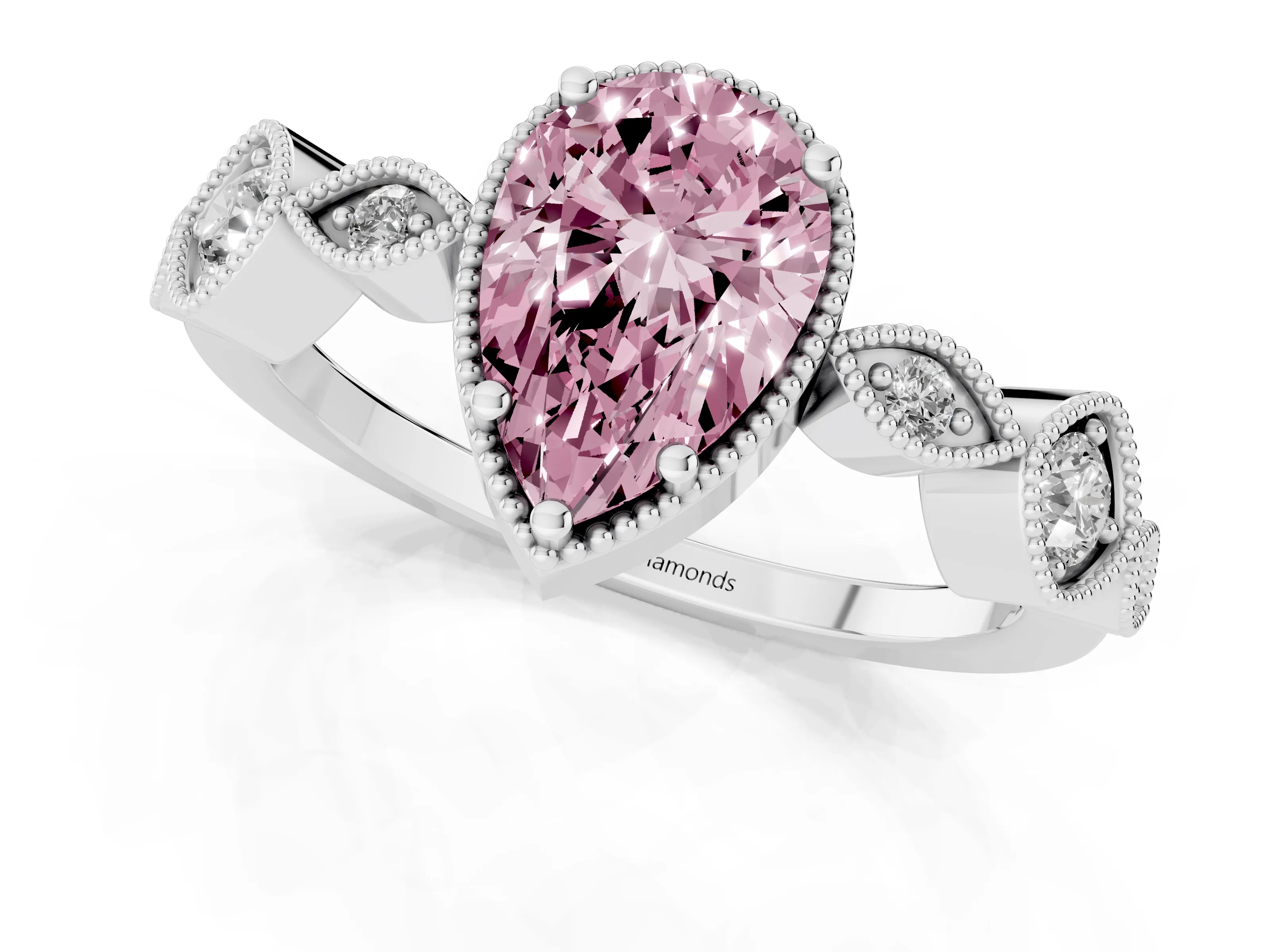 Fancy Pink Pear Cut Diamond Vintage-Inspired Milgrain Ring Set in Silver with Marquise Stations of Round Accents