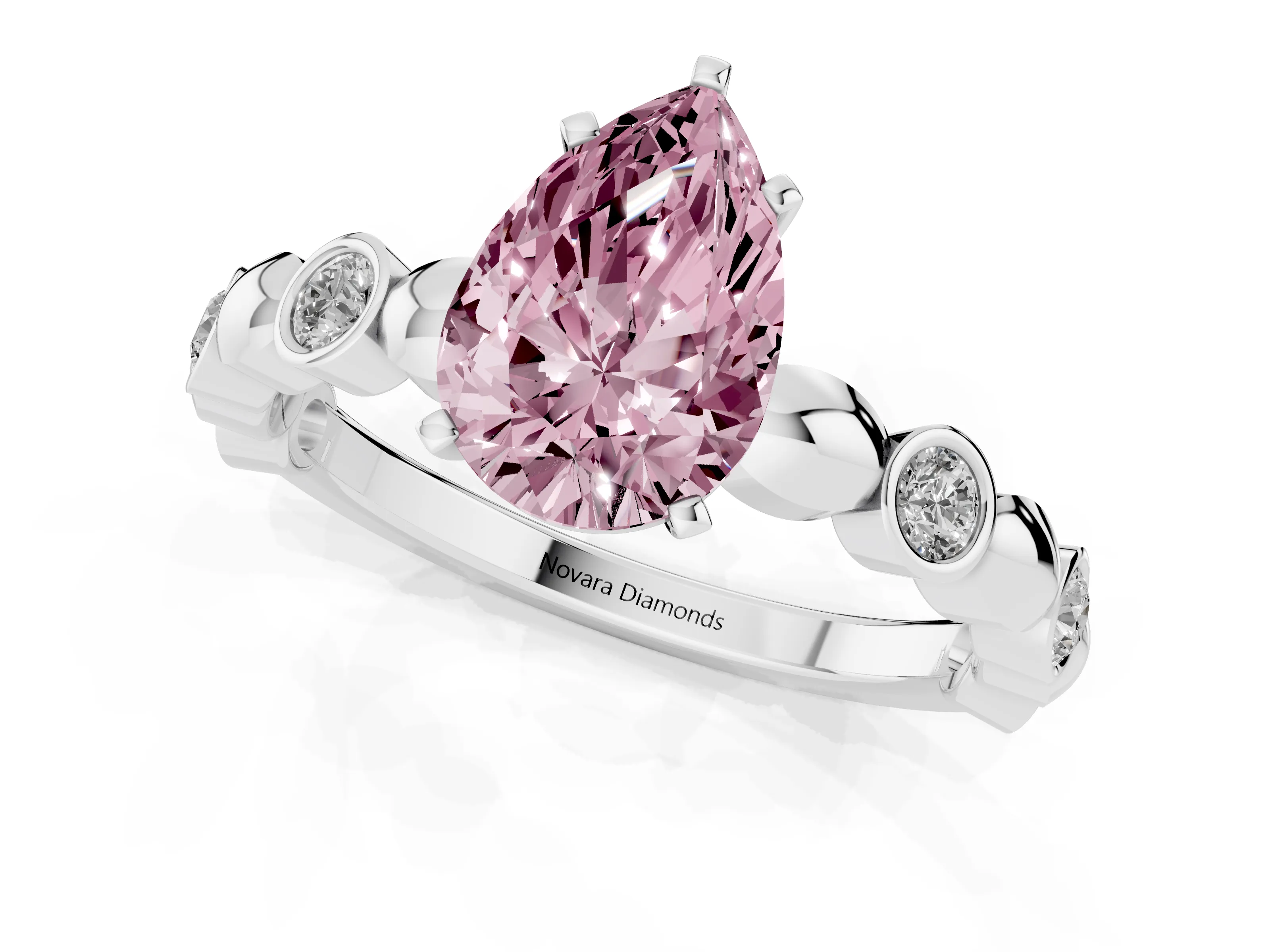 Fancy Pink Pear Cut Diamond Solitaire Ring Set in Silver with Bezel-Set Accents on Beaded Band and Prong Setting
