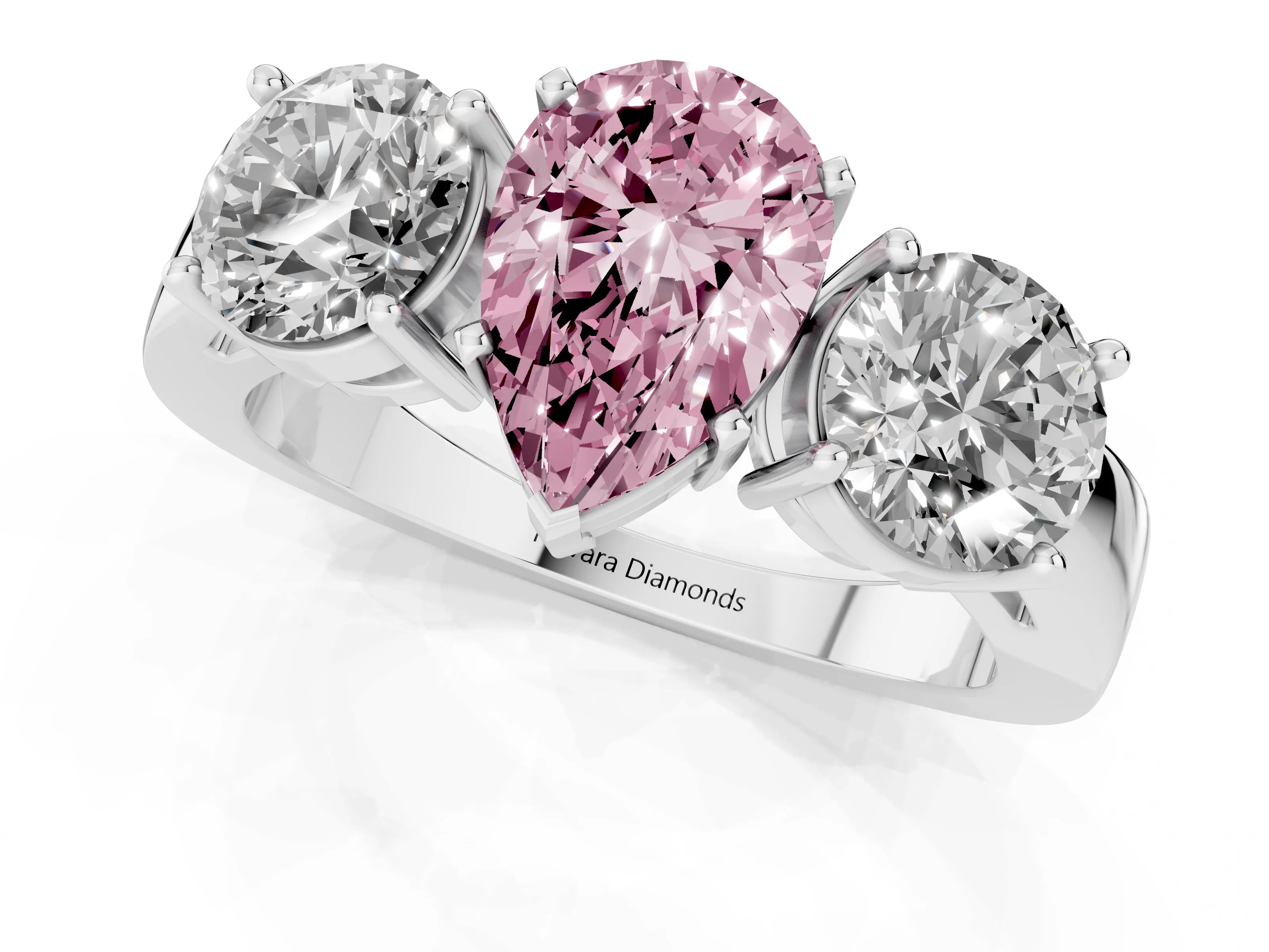 Fancy Pink Pear Cut Diamond Three-Stone Ring Set in Silver with Round Side Stones and Classic Band