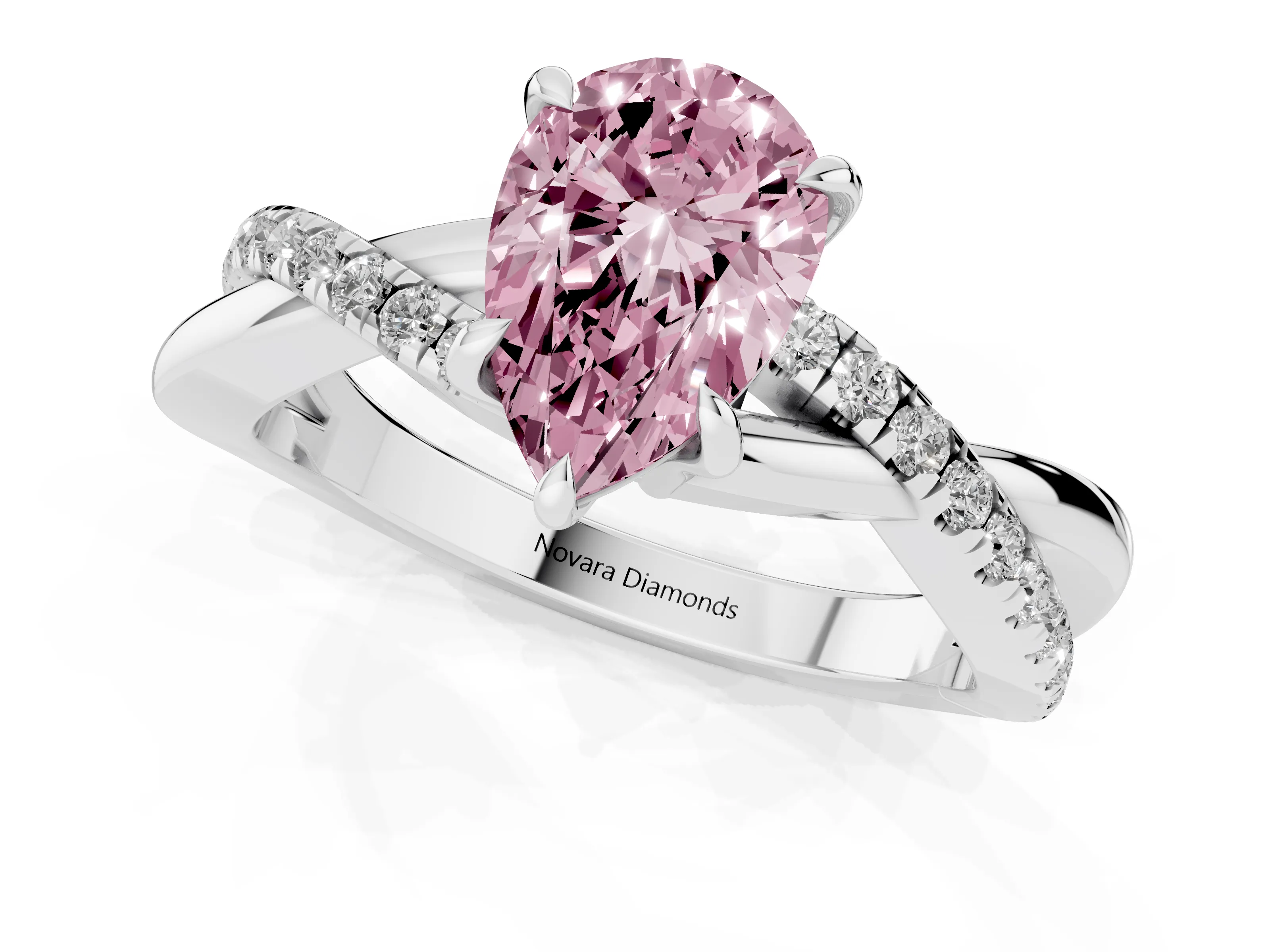 Fancy Pink Pear Cut Diamond Twisted Pavé Band Ring Set in Silver with Prong Setting