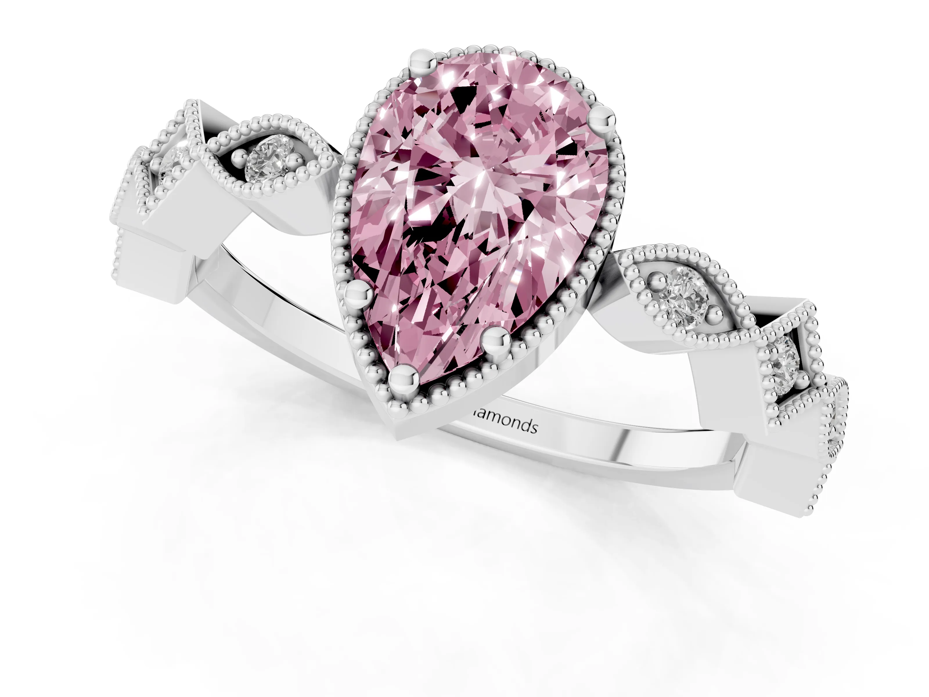 Fancy Pink Pear Cut Diamond Milgrain Marquise Twist Band Ring Set in White gold with Prong Setting