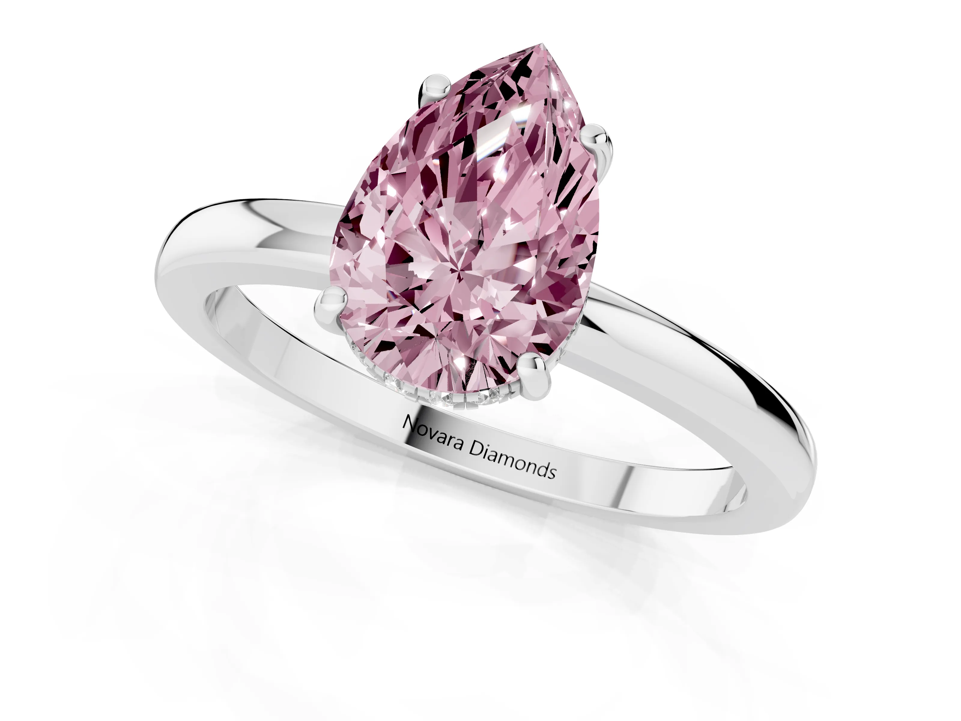 Fancy Pink Pear Cut Diamond Solitaire Ring Set in Silver with Plain Band and Prong Setting