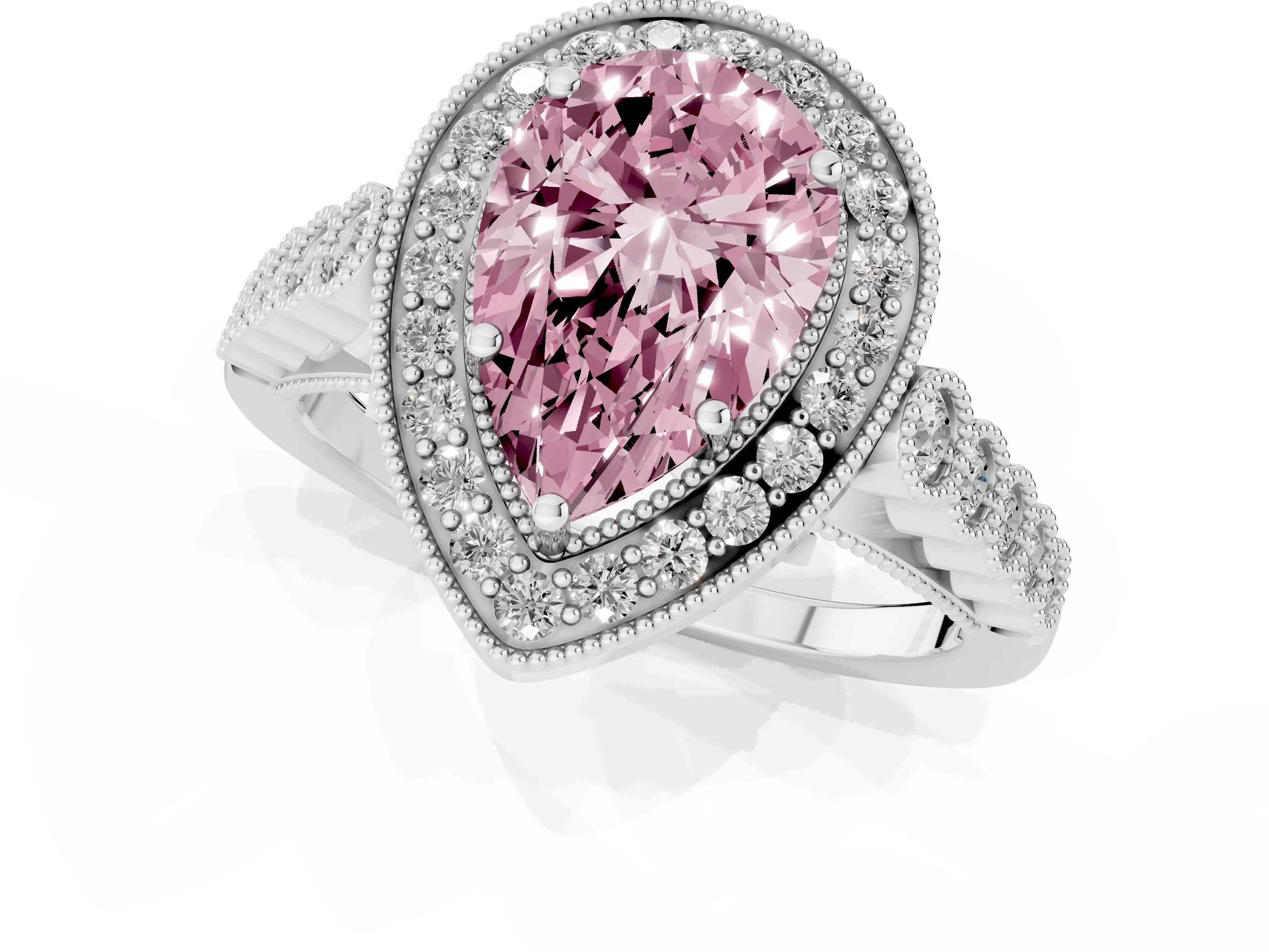 Fancy Pink Pear Cut Diamond Milgrain Halo Solitaire Ring Set in Platinum with Bezel Set Side Stones and Pavé Band