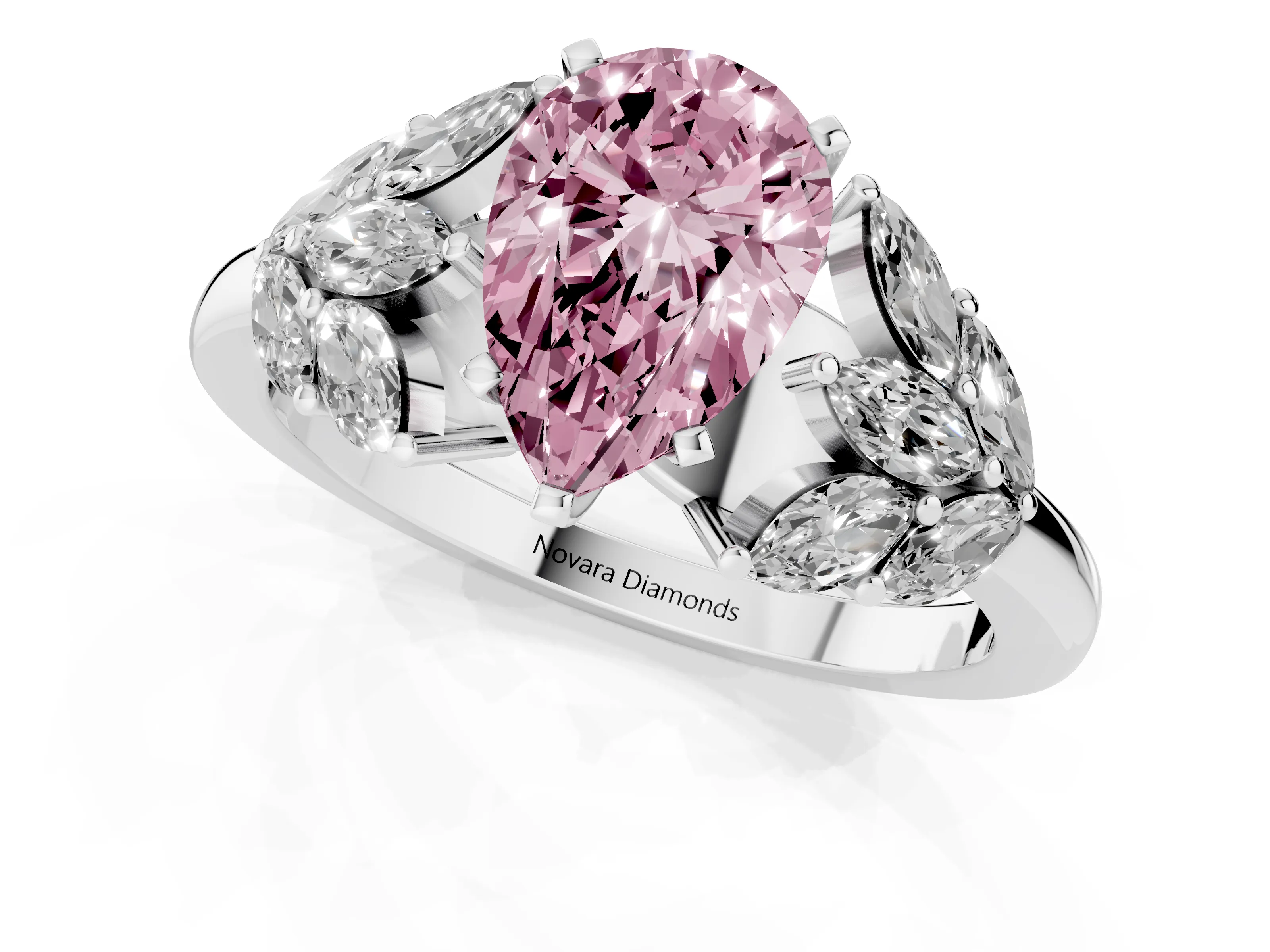 Fancy Pink Pear Cut Diamond Cluster Leaf Design Ring Set in Silver with Prong Setting