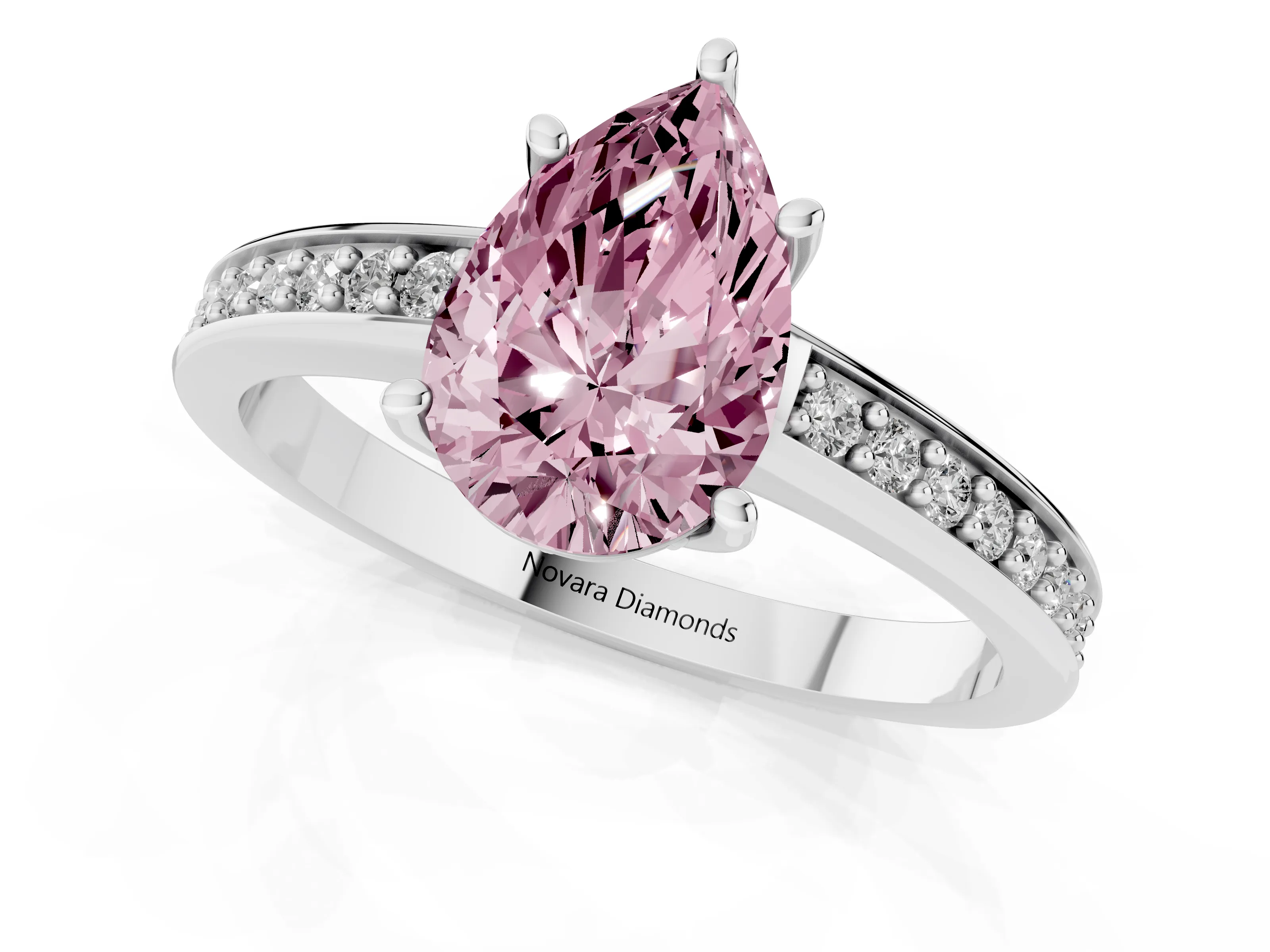Fancy Pink Pear Cut Diamond Pavé Band Prong Set Solitaire Ring Set in Silver