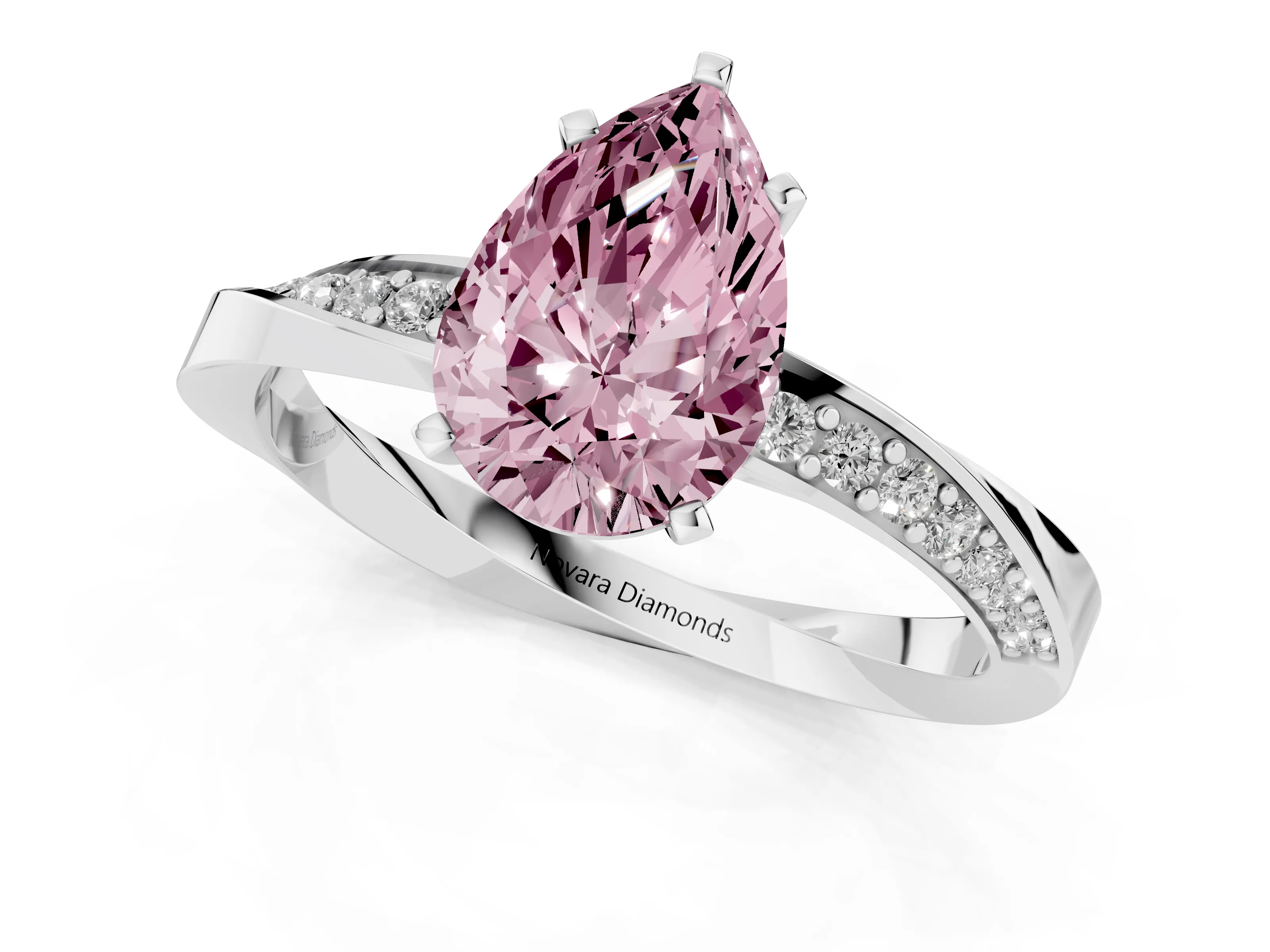 Fancy Pink Pear Cut Diamond Engagement Ring Set in Silver with Side Stone Accents and Prong Setting