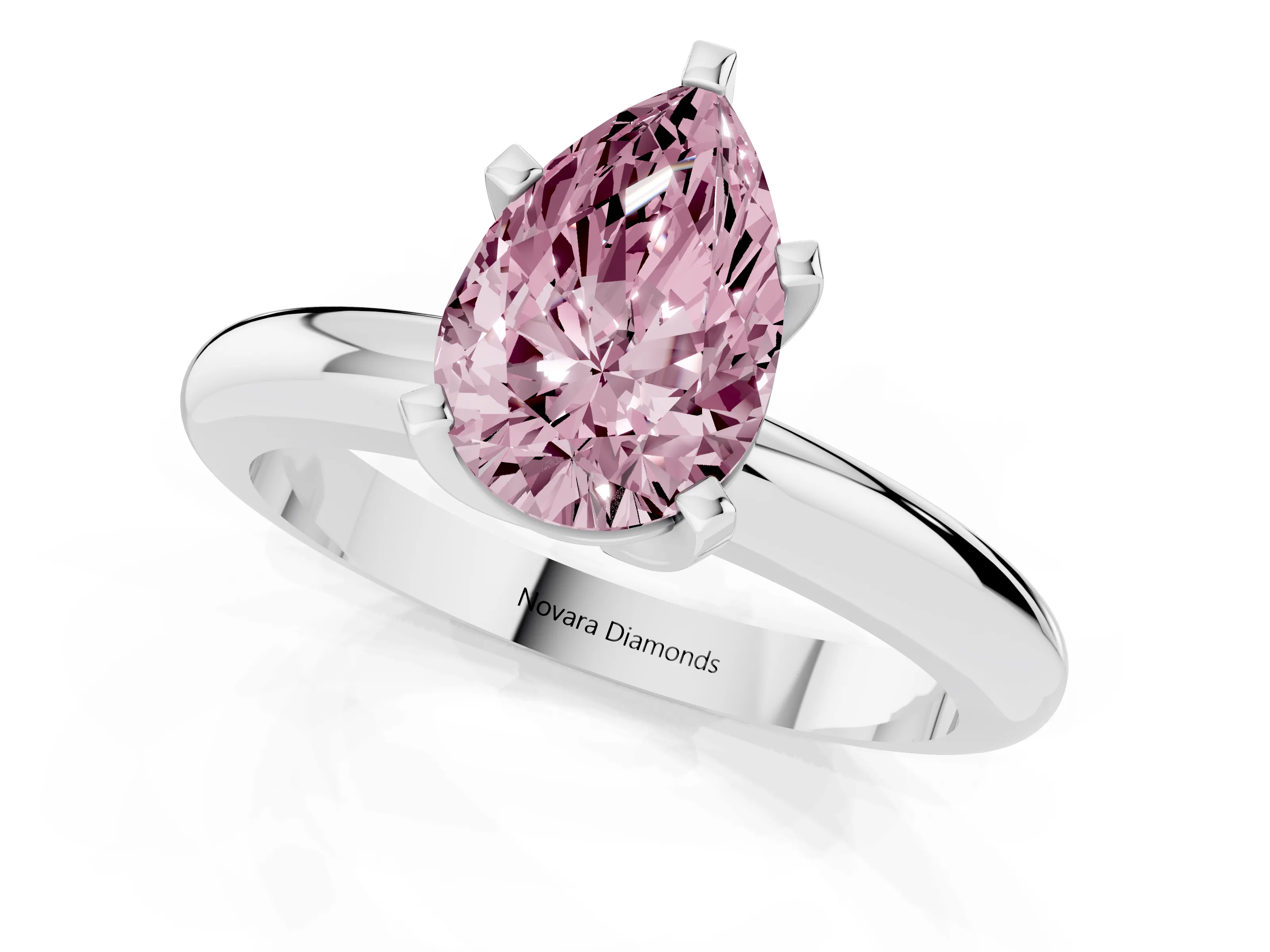 Fancy Pink Pear Cut Diamond Solitaire Engagement Ring Set in Platinum with Round Band and Prong Setting