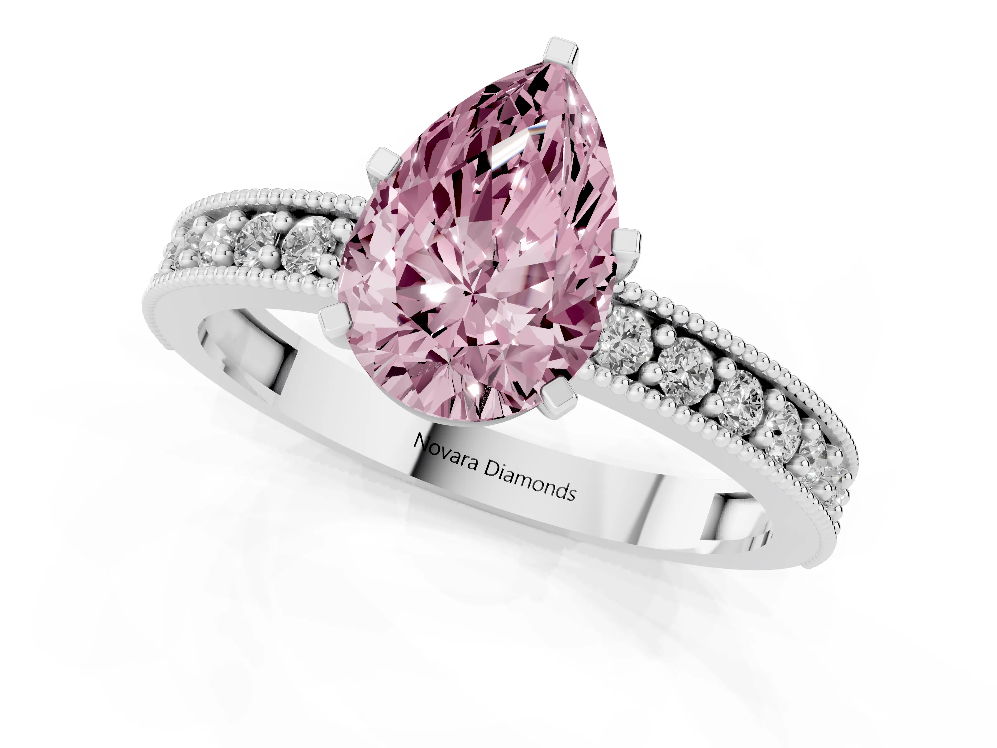 Fancy Pink Pear Cut Diamond Milgrain Pavé Engagement Ring Set in Platinum with Prong Setting