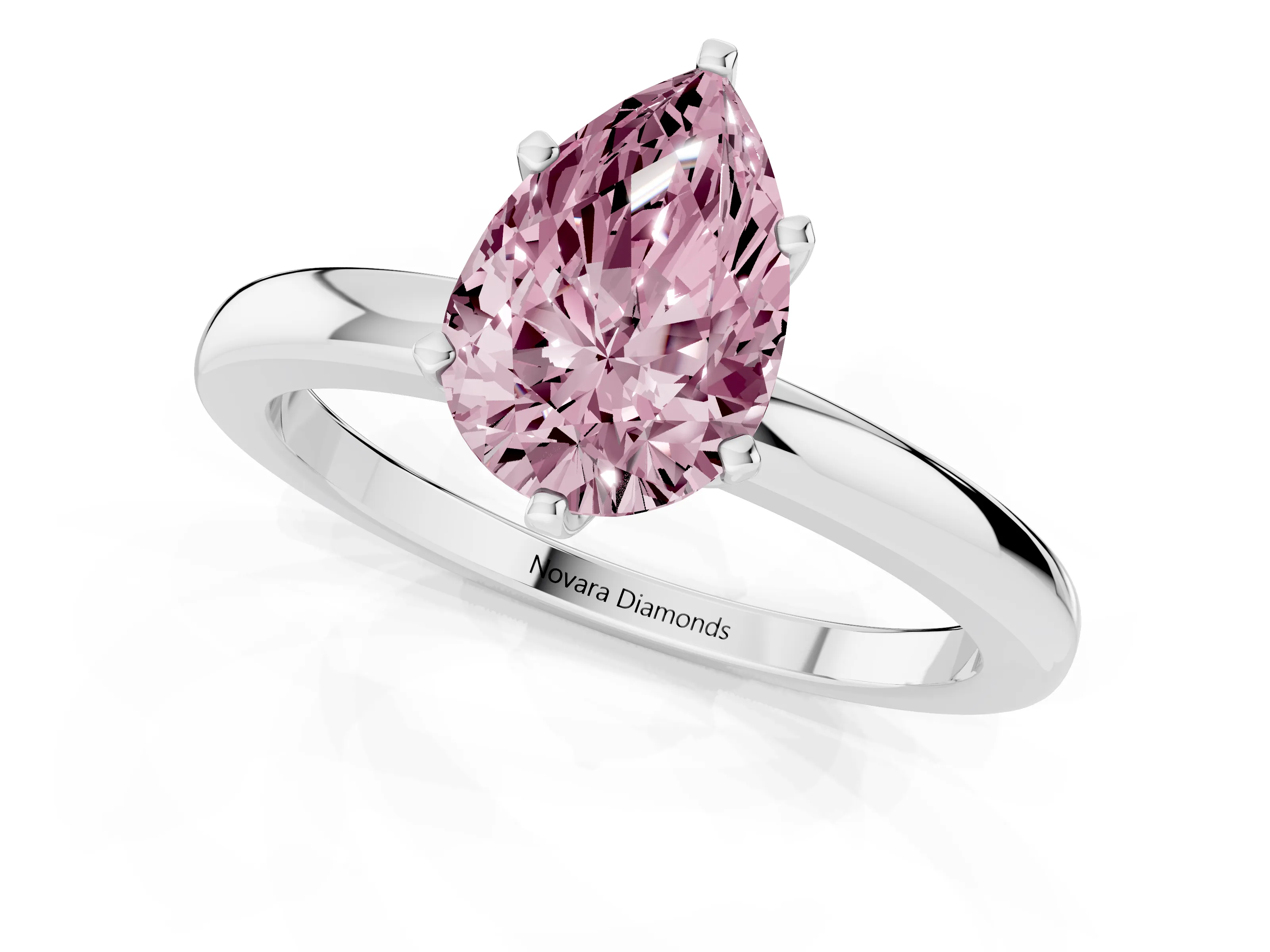 Fancy Pink Pear Cut Diamond Solitaire Ring Set in White gold with Raised Prong Setting on a Classic Band