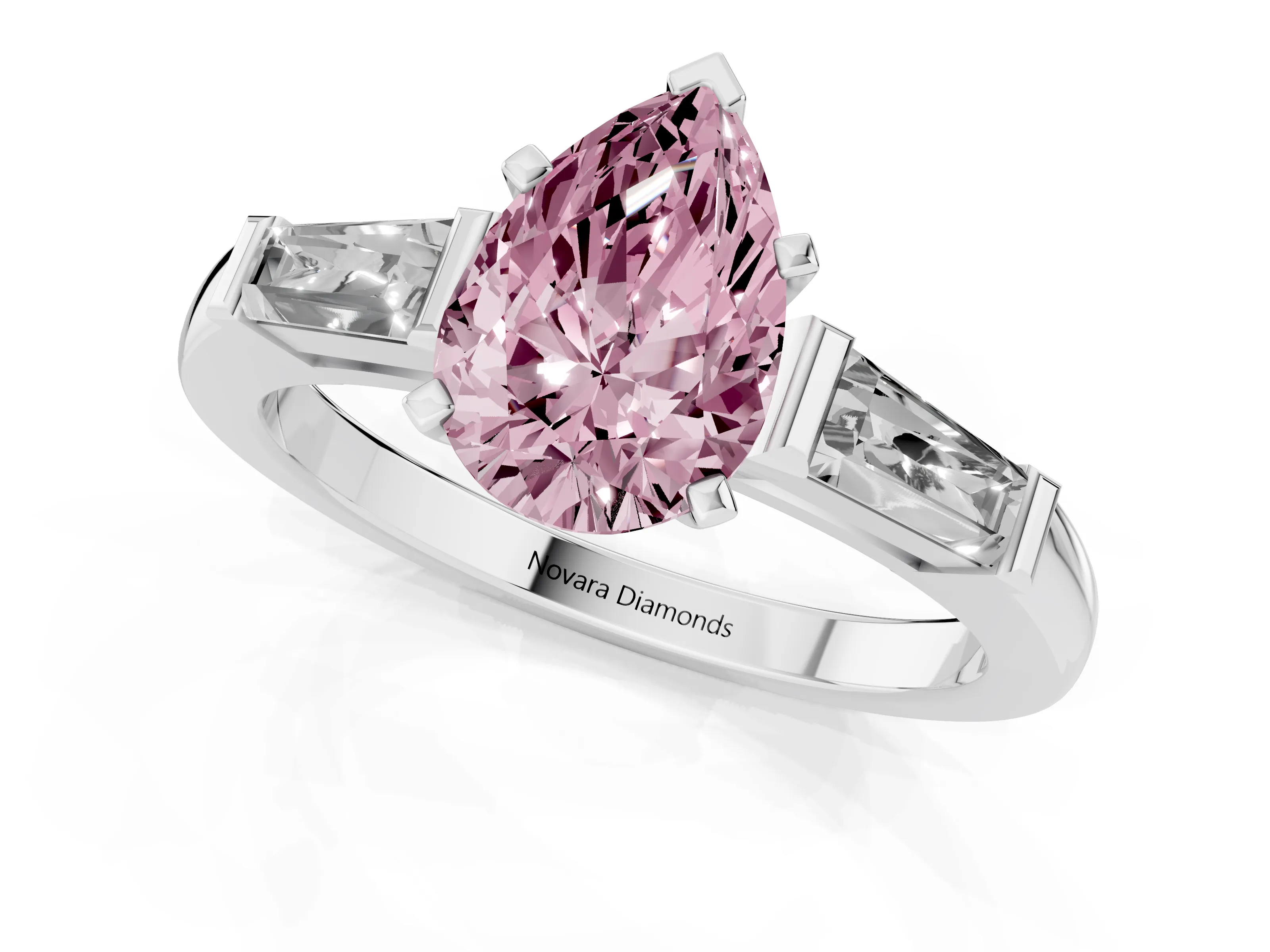 Fancy Pink Pear Cut Diamond Solitaire Ring Set in Platinum with Tapered Baguette Side Stones and Prong Setting