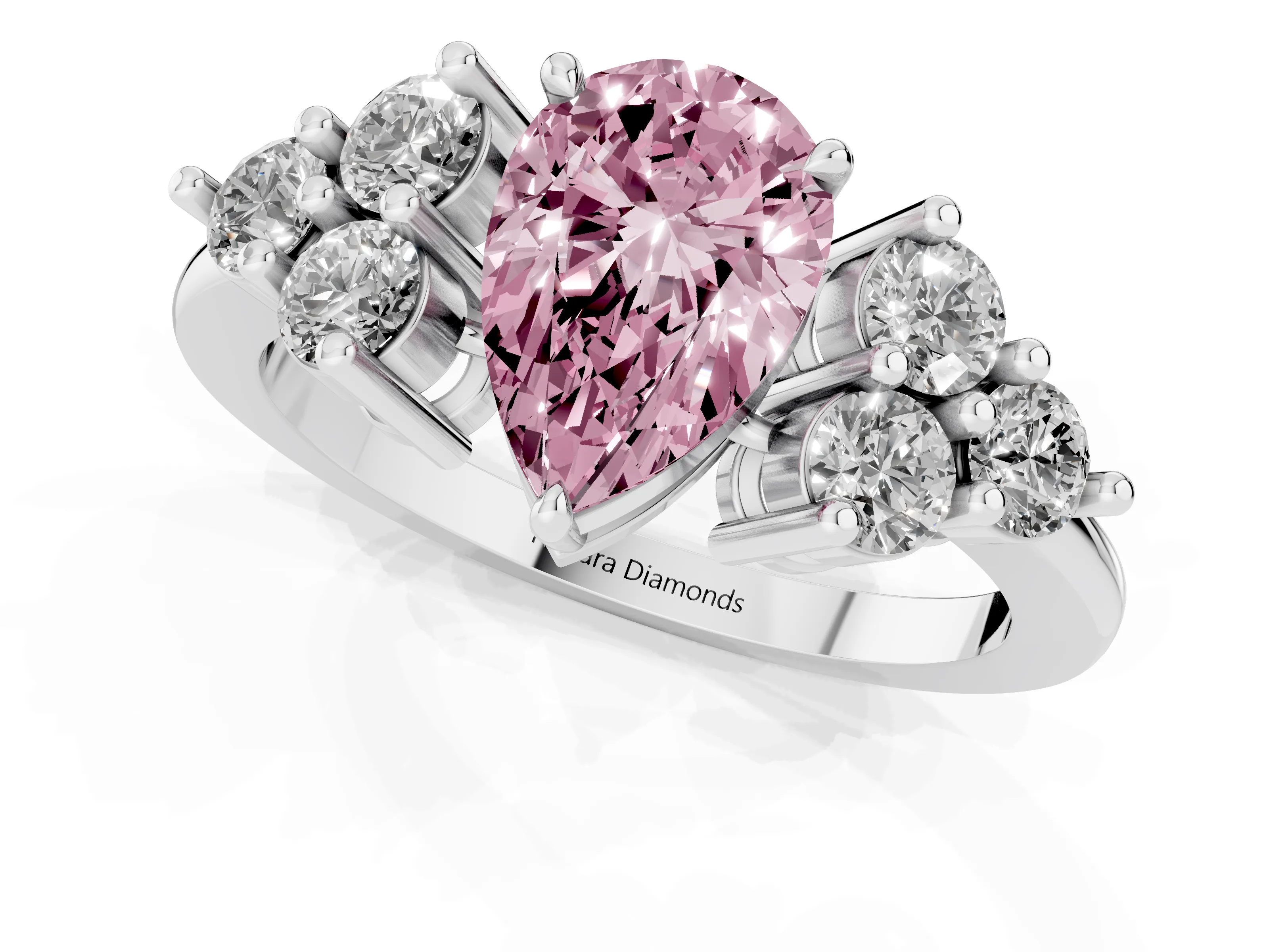 Fancy Pink Pear Cut Diamond Solitaire Ring Set in Silver with Cluster Accents on Each Side
