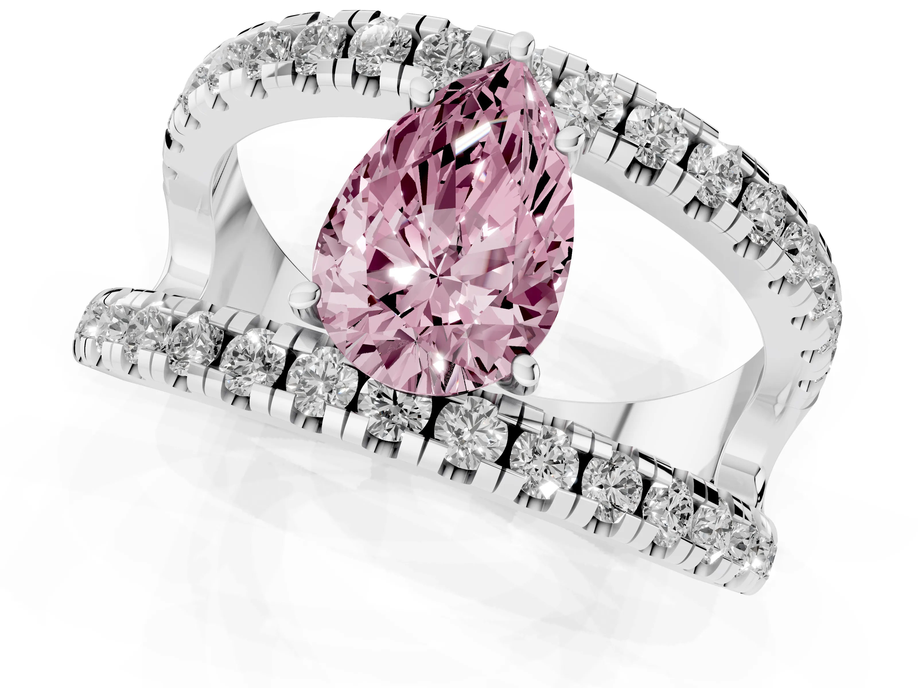 Fancy Pink Pear Cut Diamond Split Shank Pavé Solitaire Ring Set in Platinum with Open Shank Design