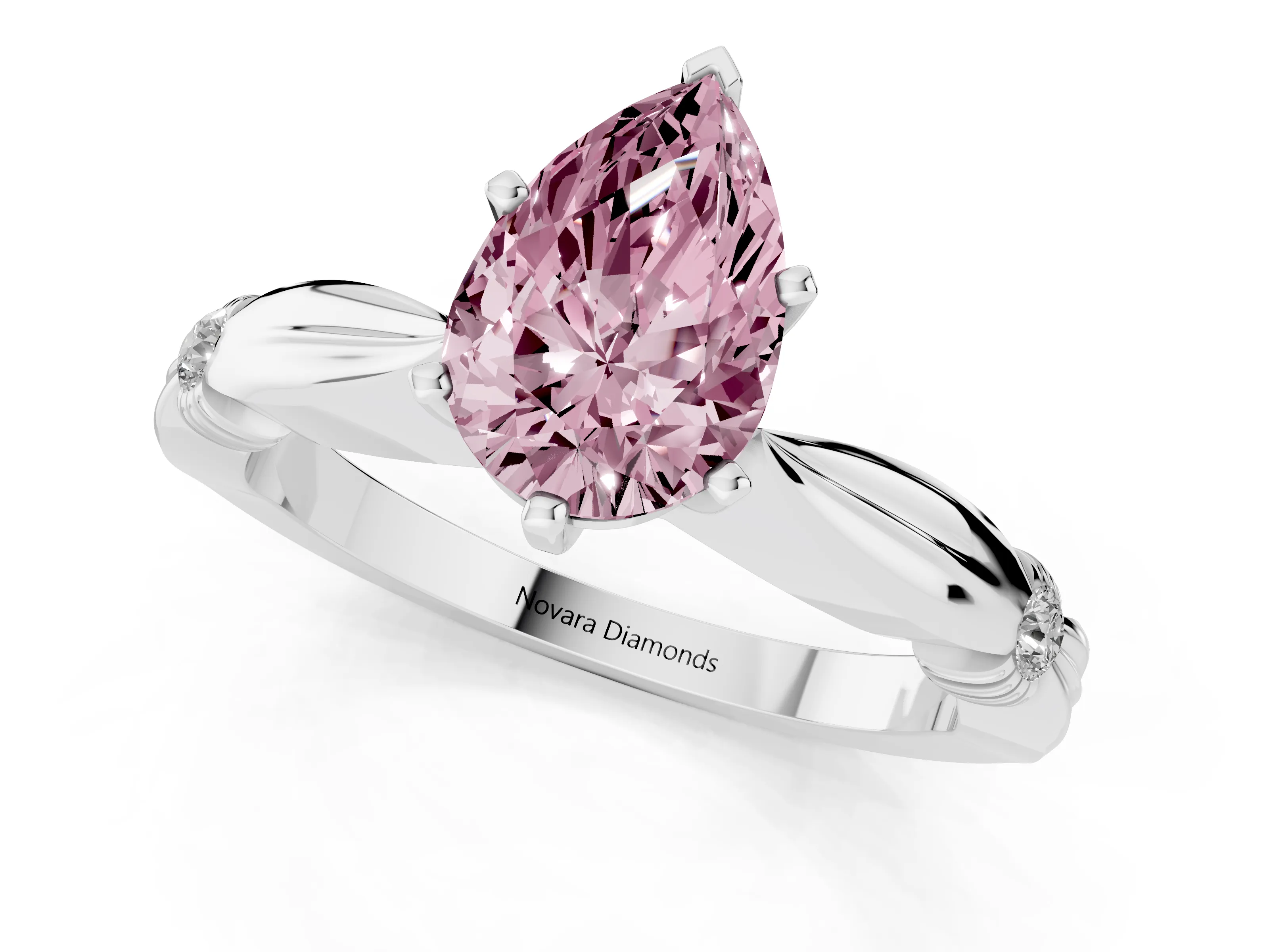 Fancy Pink Pear Cut Diamond Solitaire Twisted Band Ring Set in Platinum with Accent Stones and Prong Setting – second view