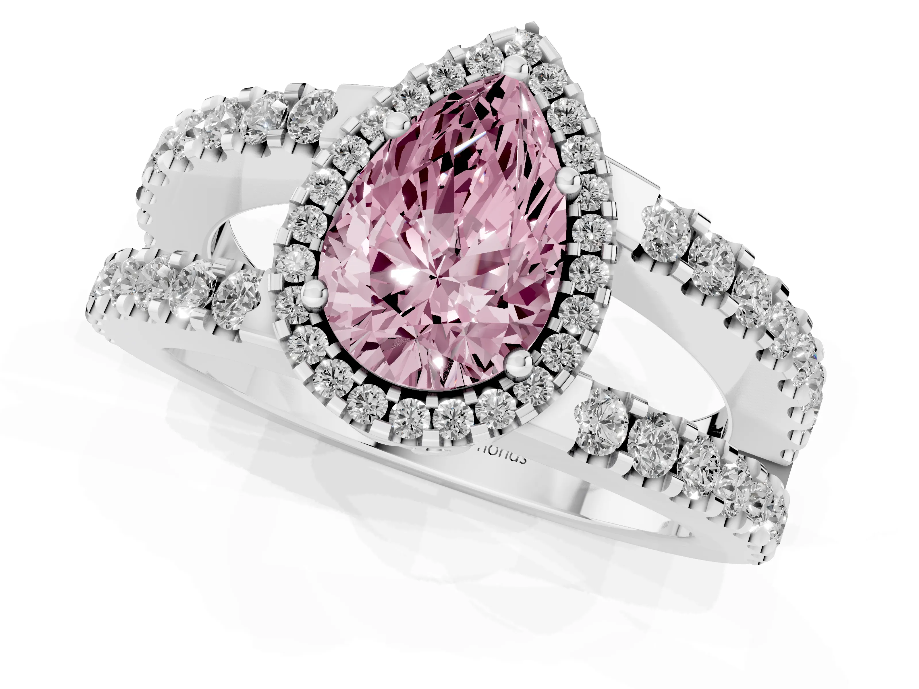 Fancy Pink Pear Cut Diamond Halo Ring Set in Platinum with Pavé Split Shank and Prong Setting
