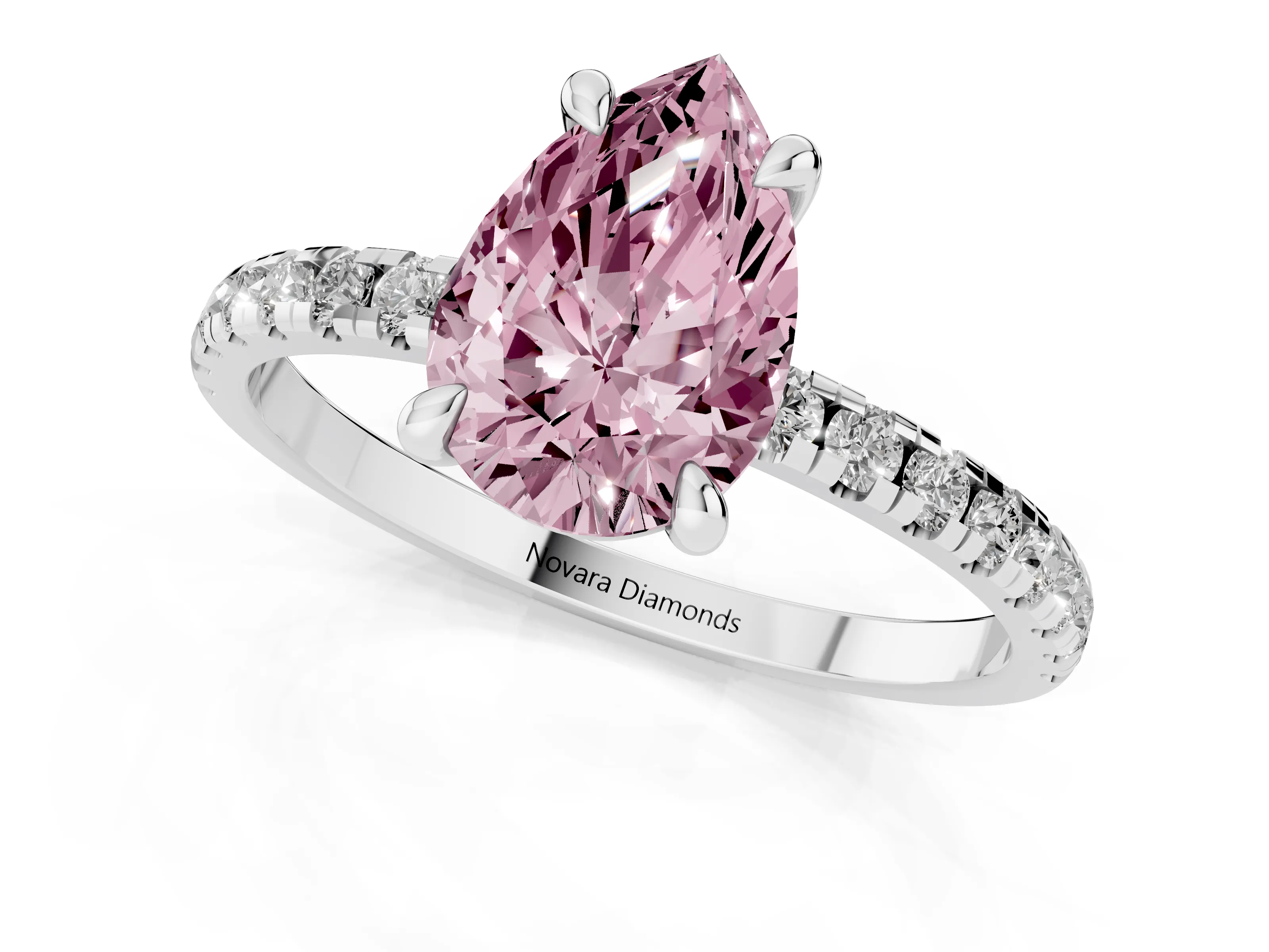 Fancy Pink Pear Cut Diamond Brilliant Solitaire Ring Set in White gold with Pavé Band and Prong Setting