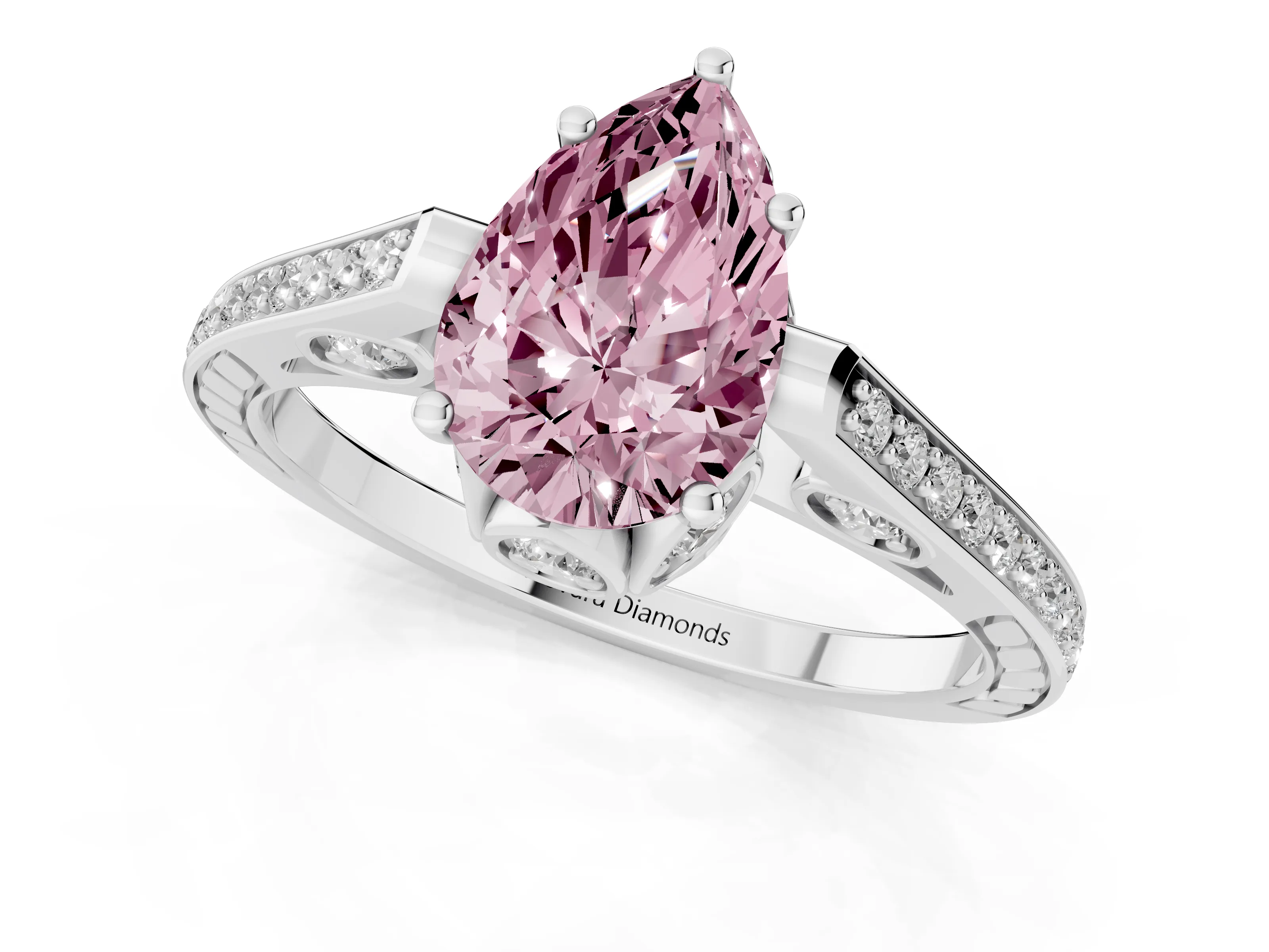 Fancy Pink Pear Cut Diamond Cathedral Pavé Engagement Ring Set in Silver with Prong Setting