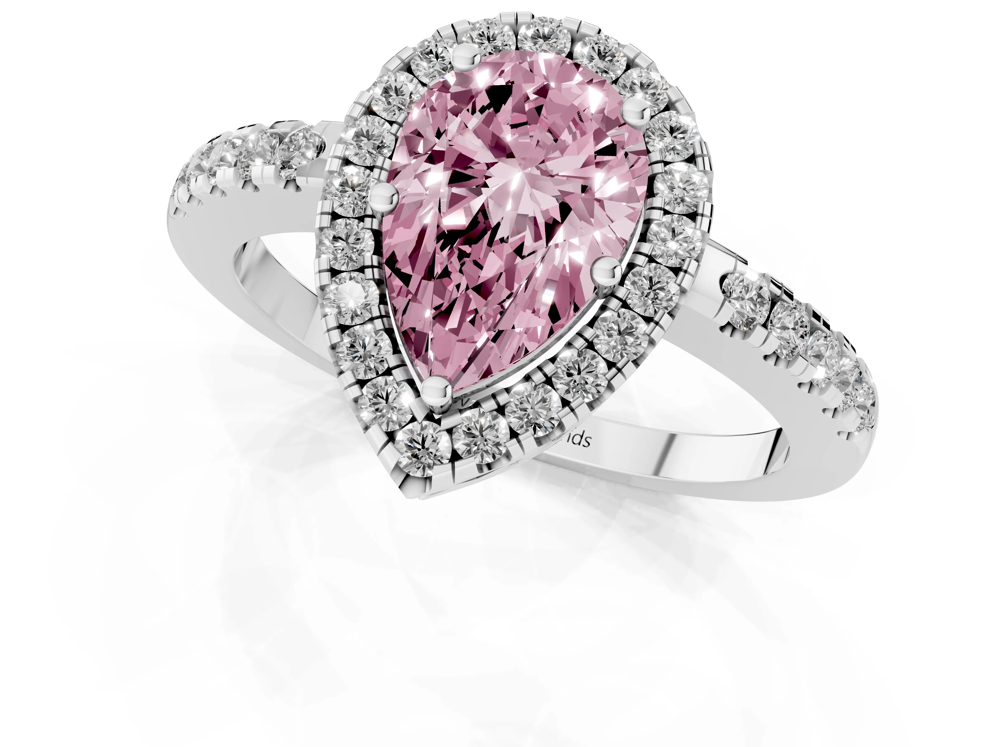 Fancy Pink Pear Cut Diamond Pavé Band Halo Engagement Ring Set in White gold with Prong Setting
