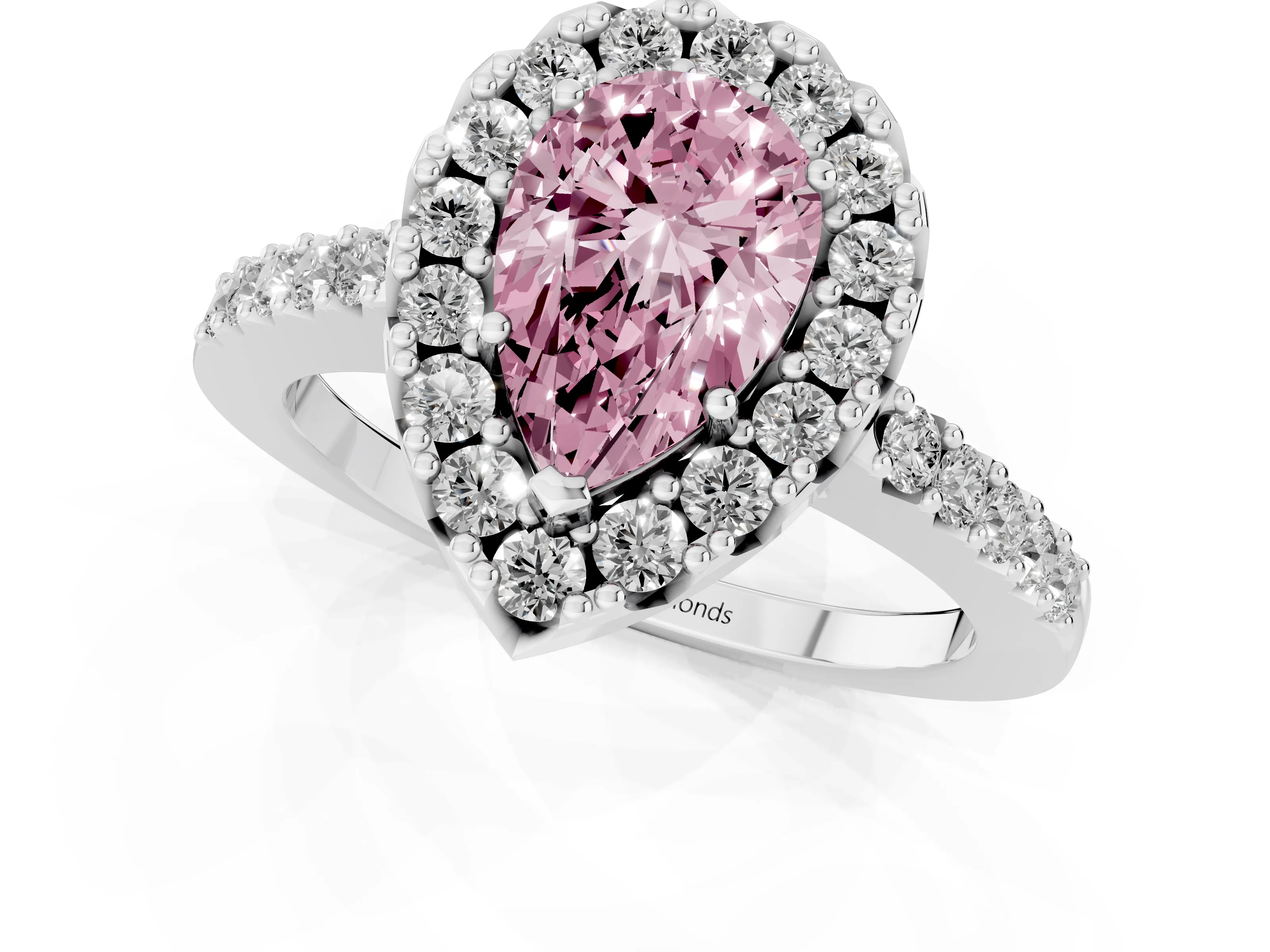 Fancy Pink Pear Cut Diamond Halo Pavé Solitaire Ring Set in Silver with Prong-Set Center Stone