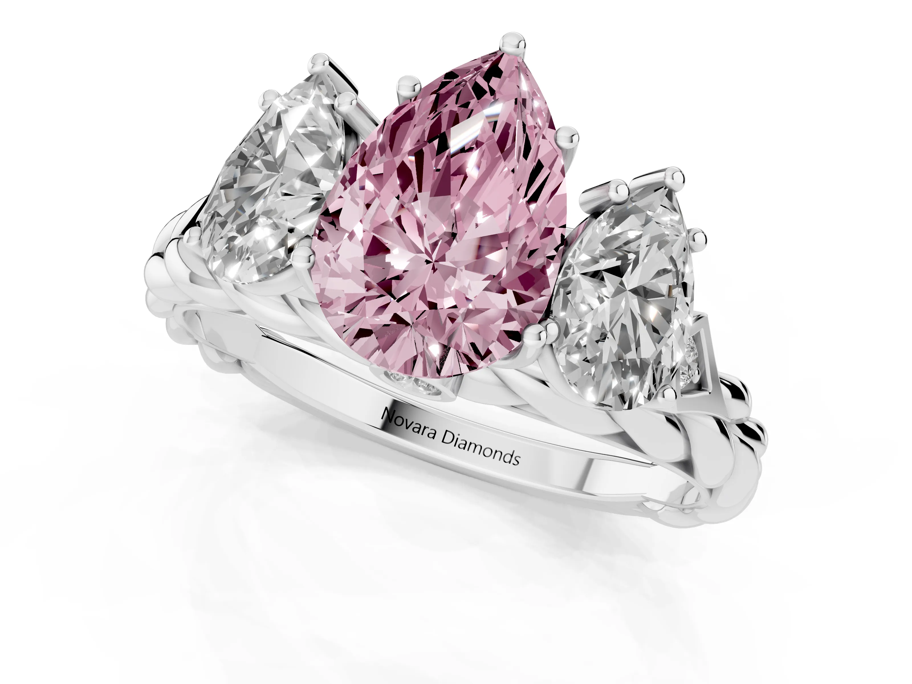Fancy Pink Pear Cut Diamond Three-Stone Ring Set in Silver with Braided Band