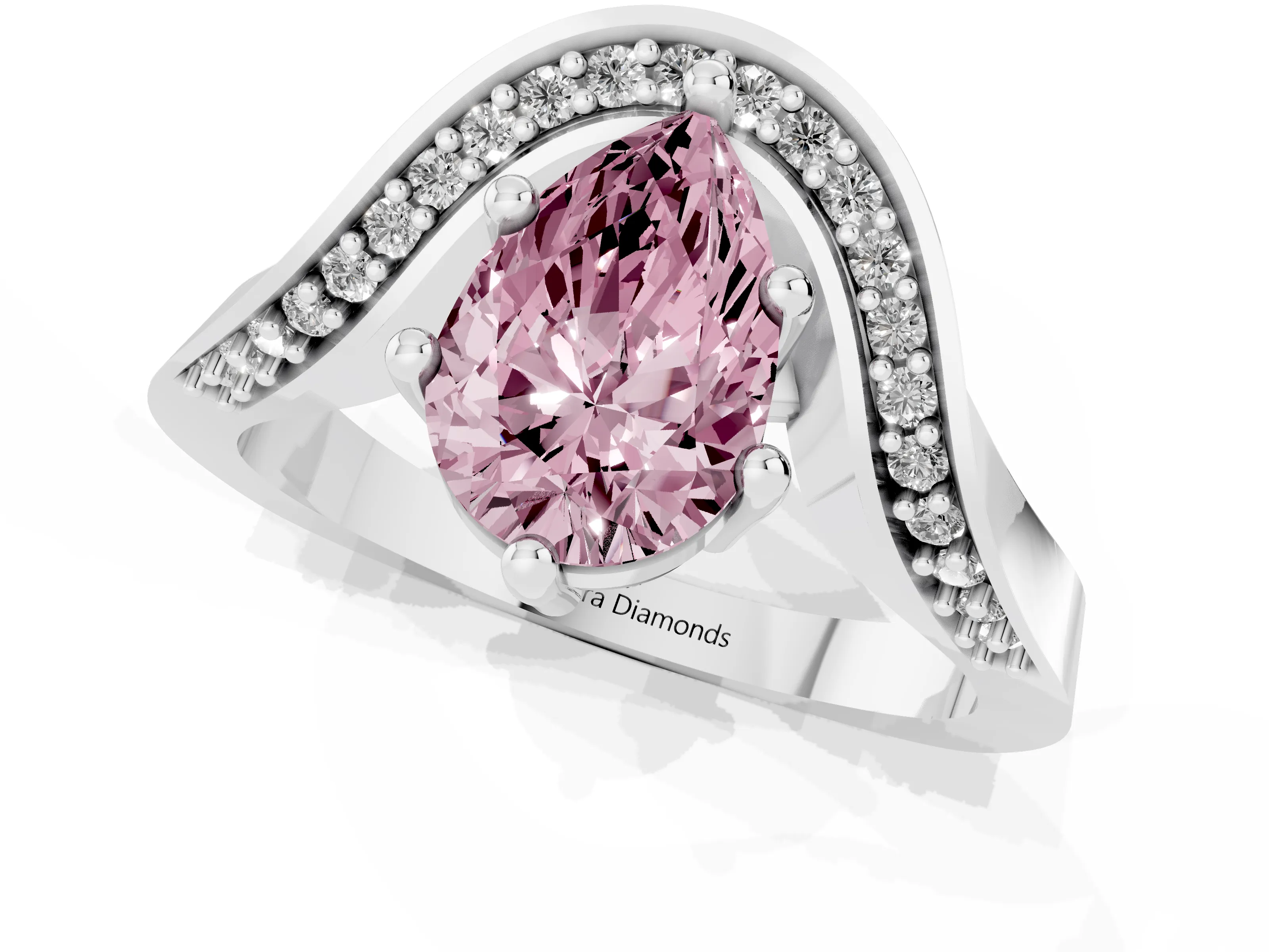 Fancy Pink Pear Cut Diamond Solitaire Engagement Ring Set in White gold with Pavé Shoulders