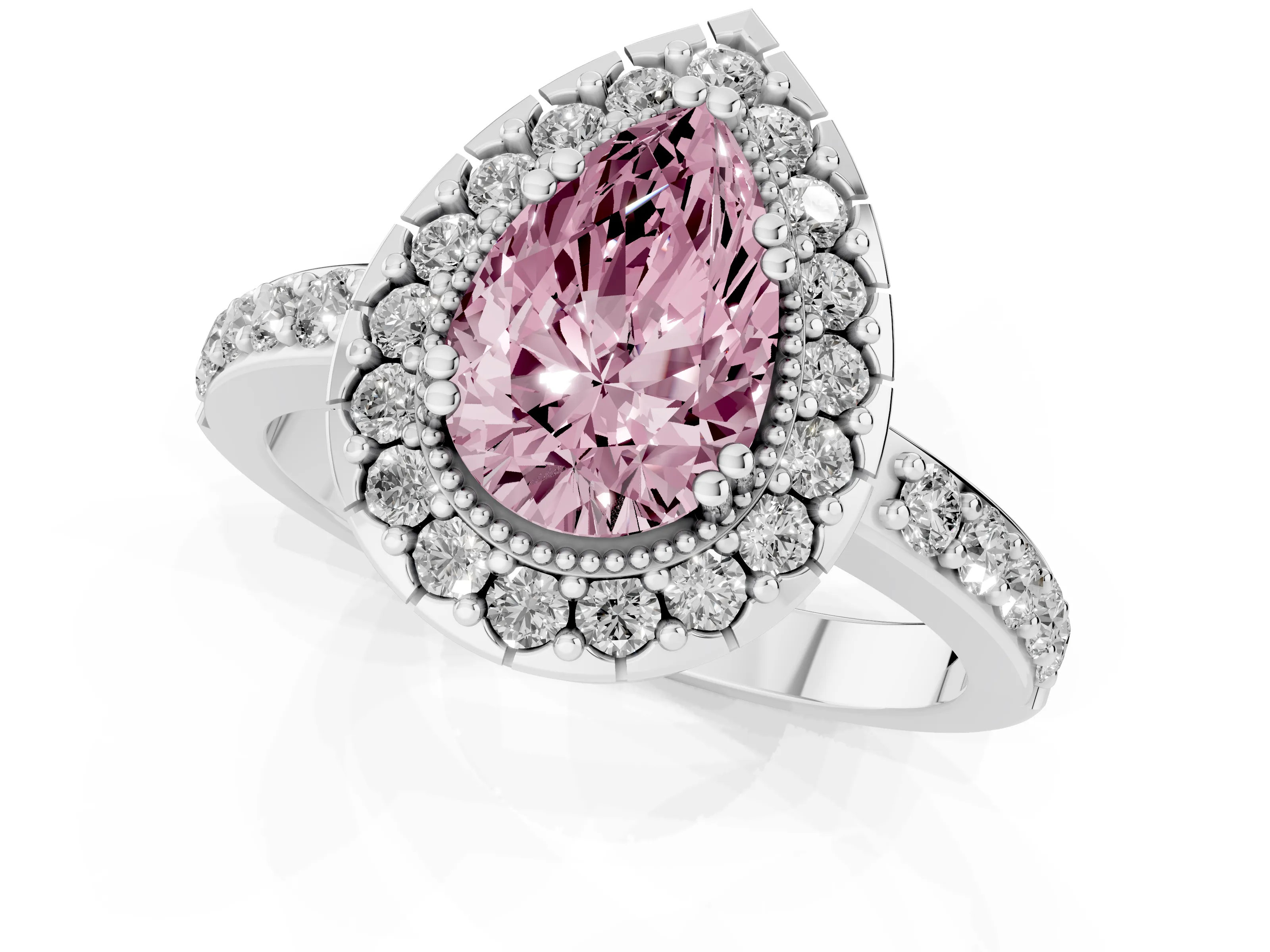 Fancy Pink Pear Cut Diamond Halo Ring Set in White gold with Pavé Shank and Prong Setting