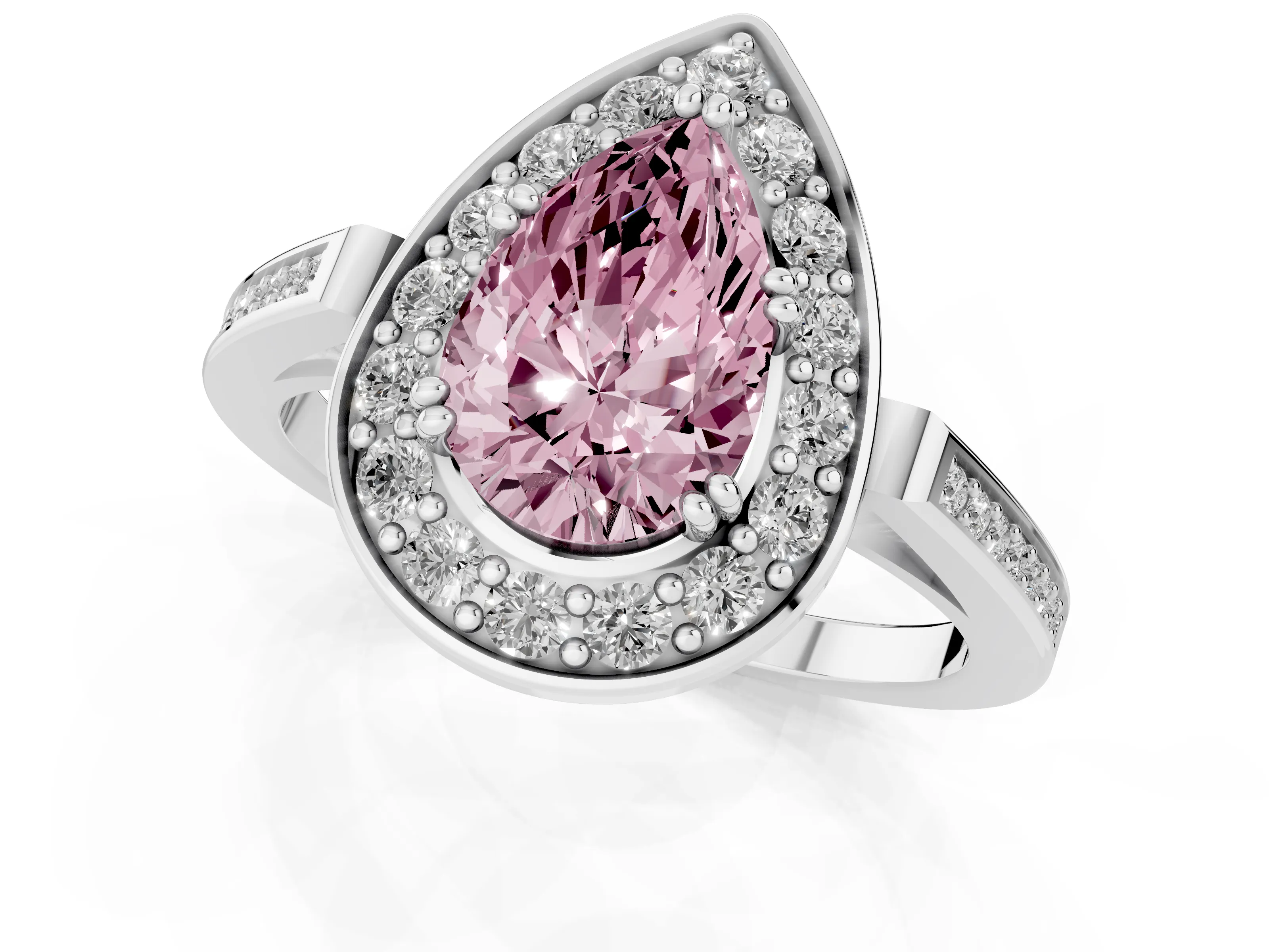 Fancy Pink Pear Cut Diamond Halo Ring Set in Platinum with Accent-Lined Split Shank and Prong Setting