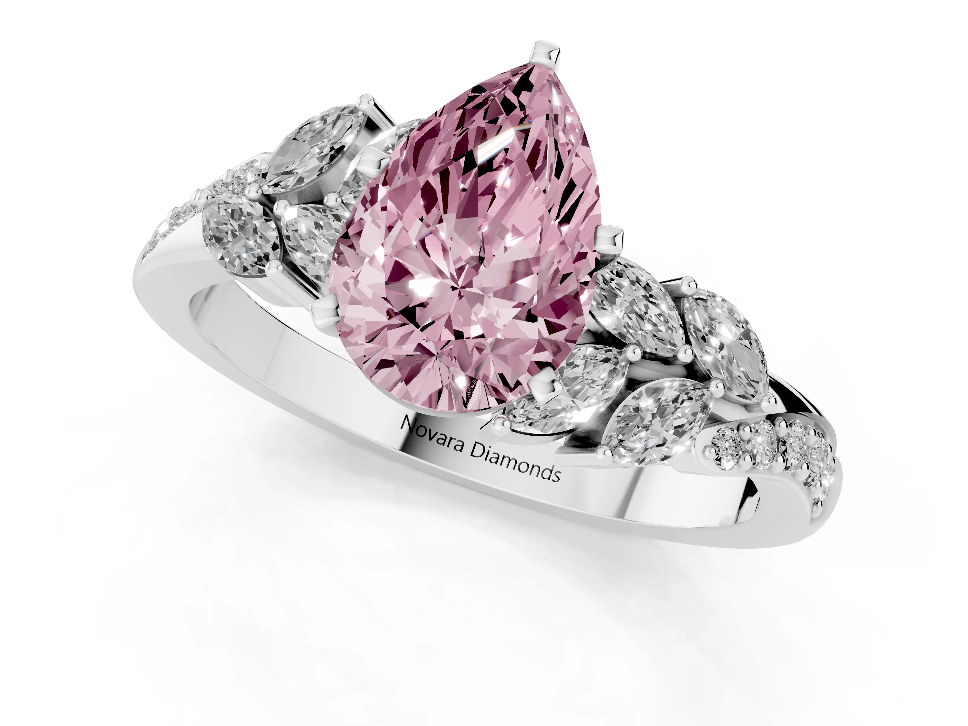Fancy Pink Pear Cut Diamond Solitaire Ring Set in Platinum with Marquise Twist Band and Prong Setting