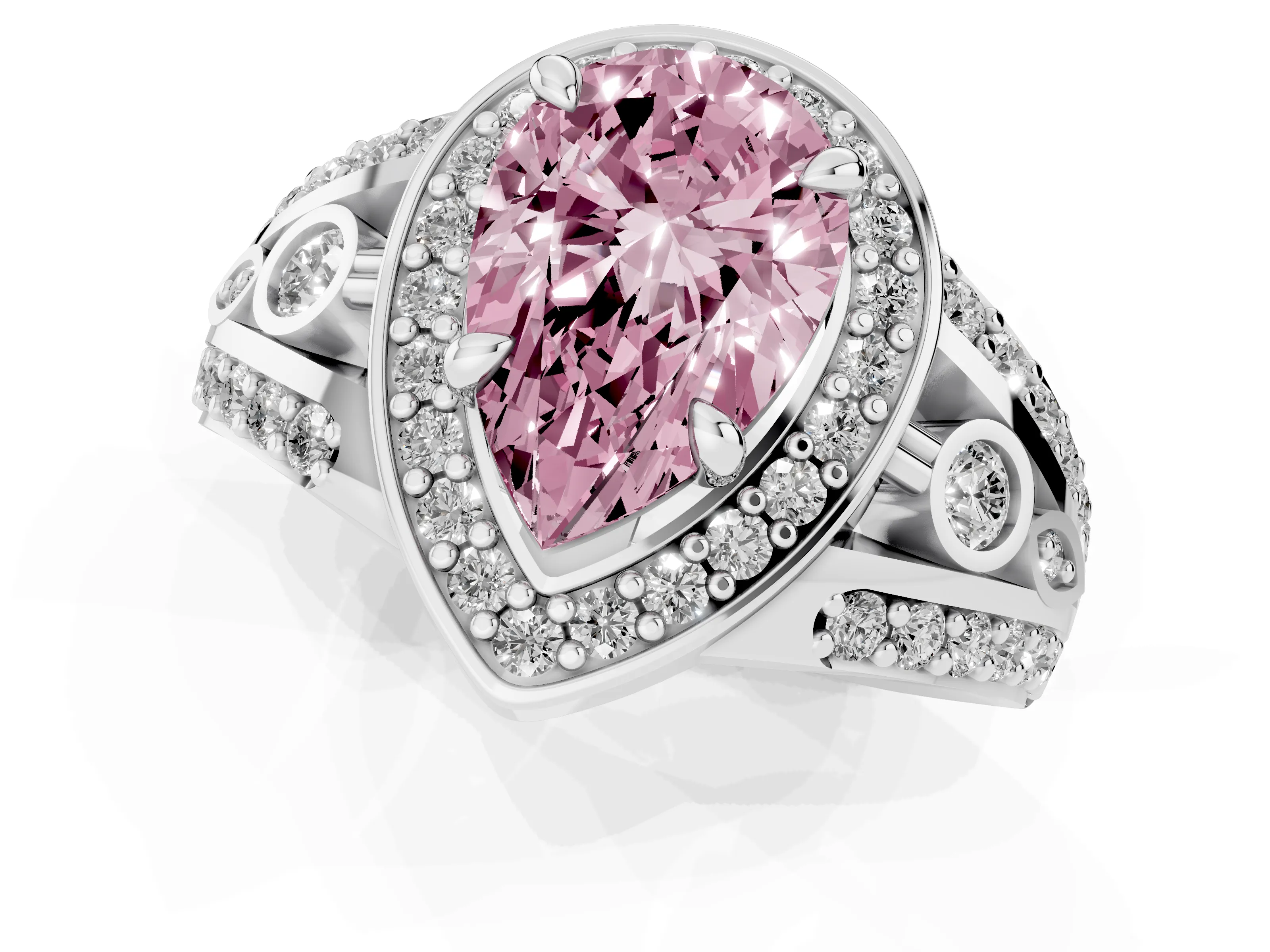 Fancy Pink Pear Cut Diamond Halo Ring Set in Silver with Pavé Split Shank and Bezel Accents
