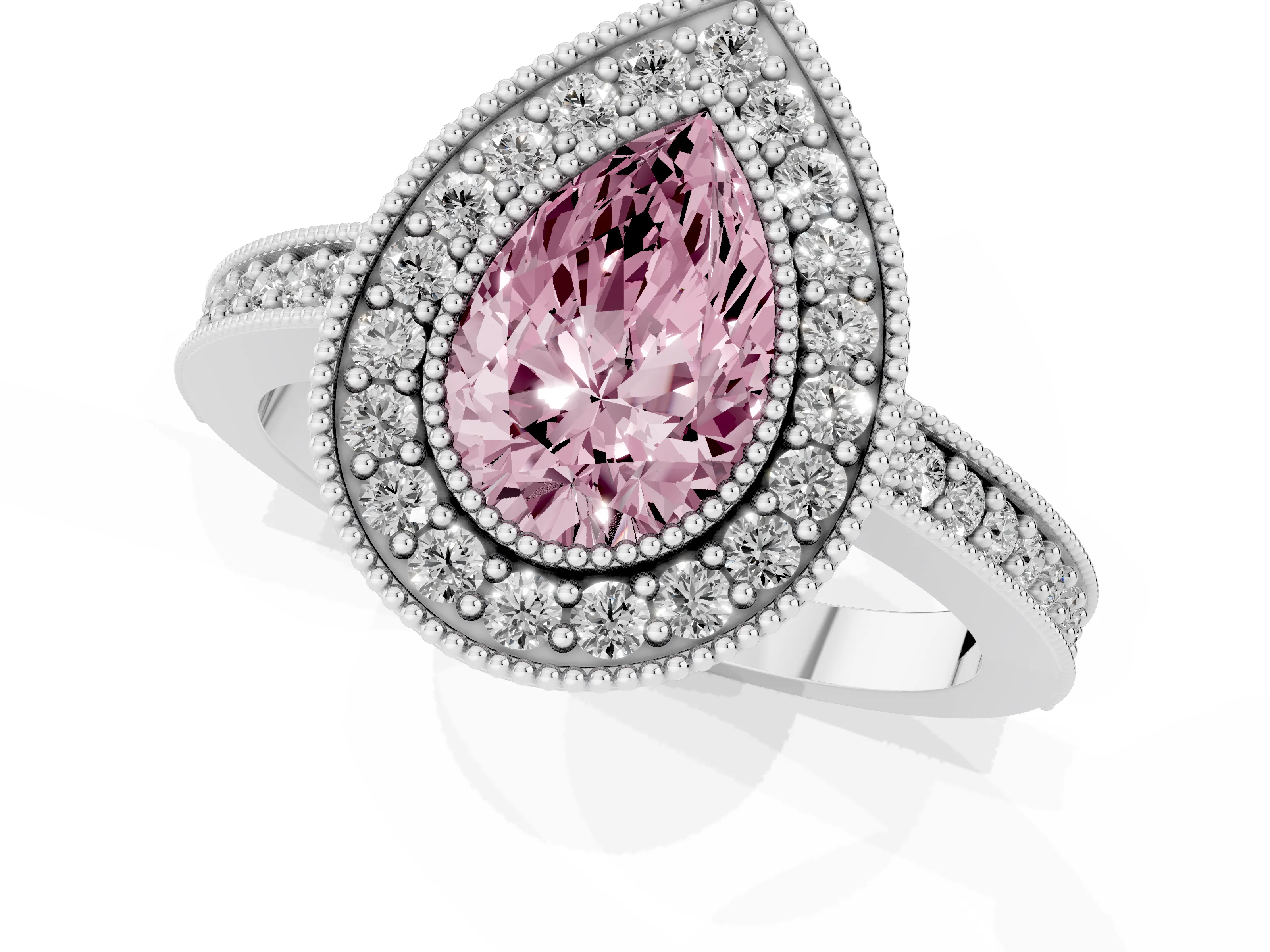 Fancy Pink Pear Cut Diamond Halo Engagement Ring Set in White gold with Pavé Band and Round Halo Stones