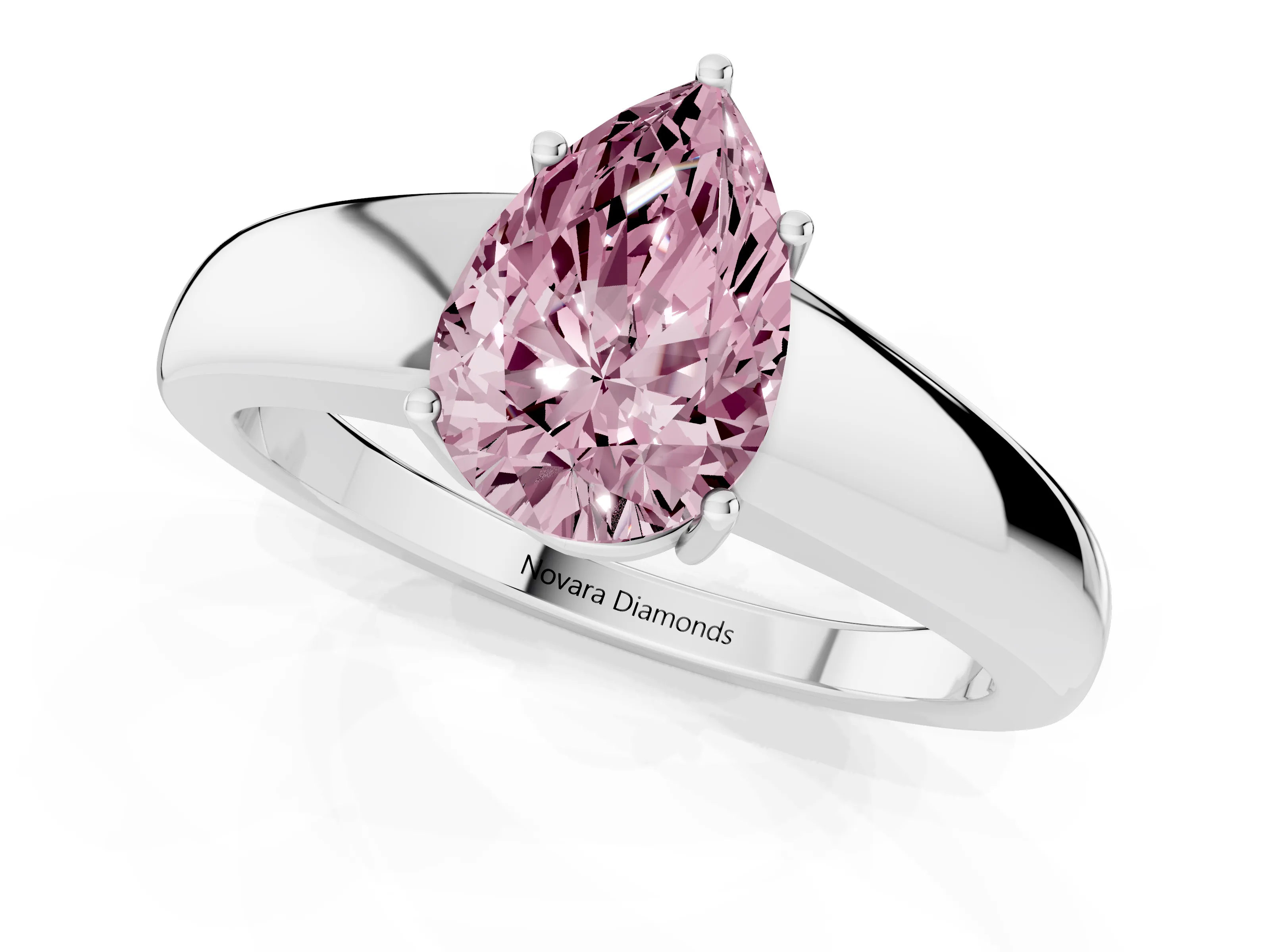 Fancy Pink Pear Cut Diamond Solitaire Ring Set in White gold with Tapered Band and Prong Setting