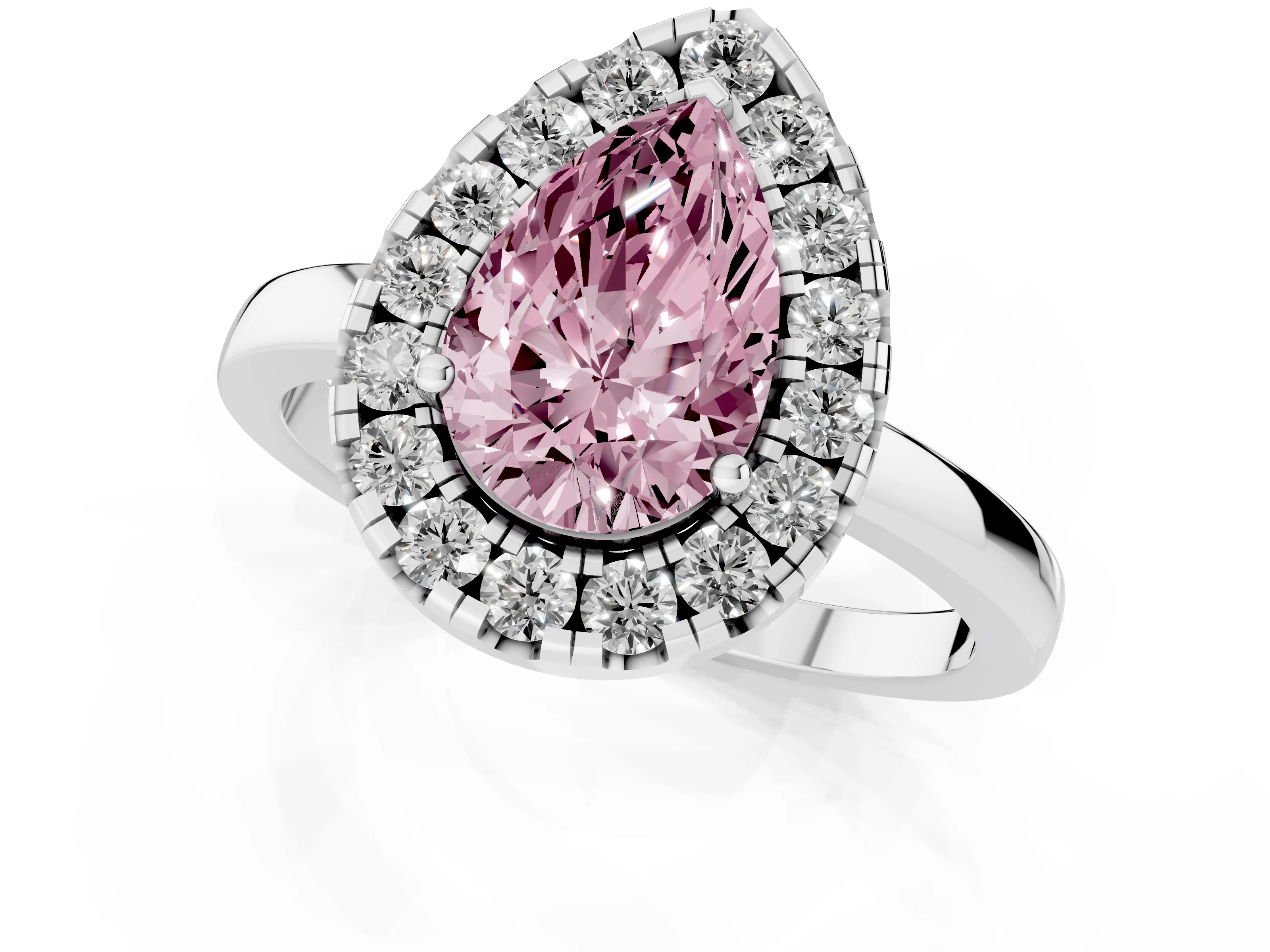 Fancy Pink Pear Cut Diamond Halo Solitaire Ring Set in Silver with Pavé Band and Prong Setting