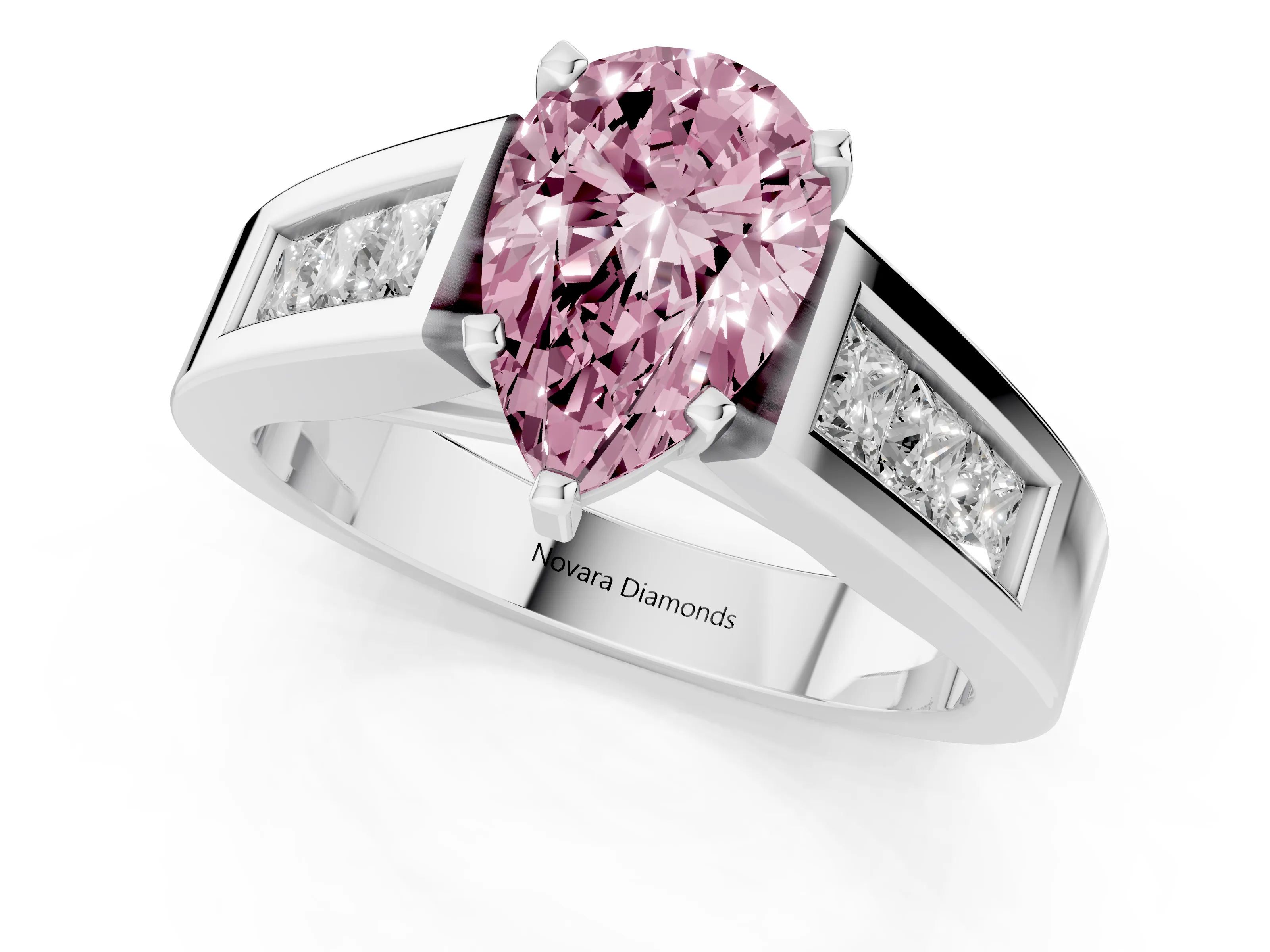 Fancy Pink Pear Cut Diamond Solitaire Ring Set in White gold with Channel-Set Accent Stones and Prong Setting