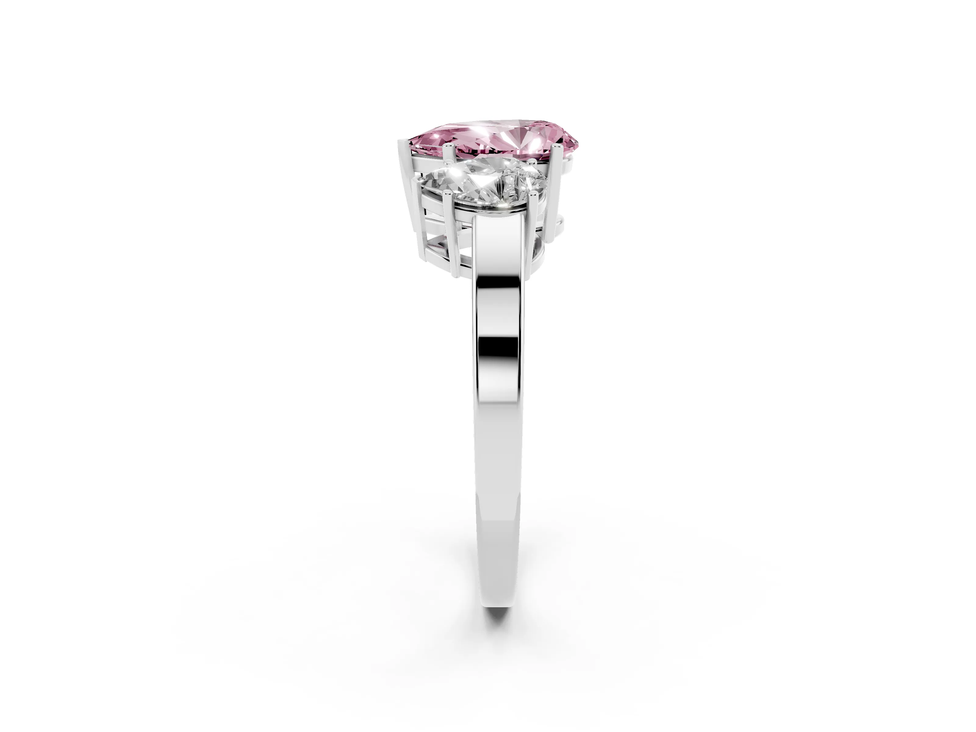 Fancy Pink Pear Cut Diamond Three-Stone Engagement Ring Set in Silver with Flat Band