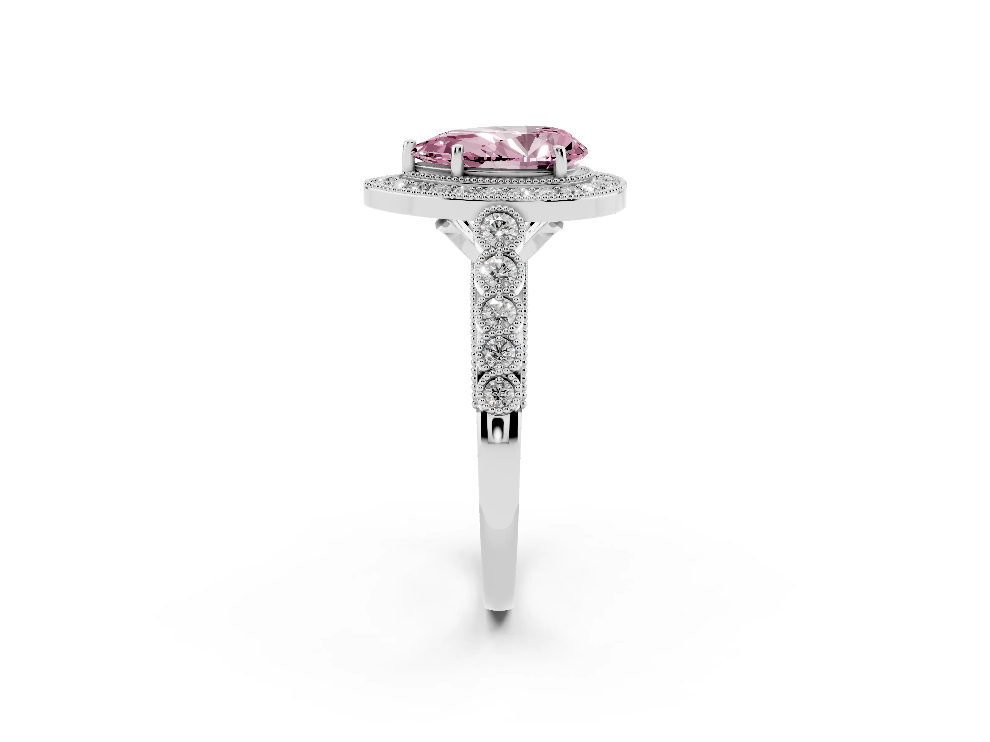 Fancy Pink Pear Cut Diamond Milgrain Halo Solitaire Ring Set in Platinum with Bezel Set Side Stones and Pavé Band
