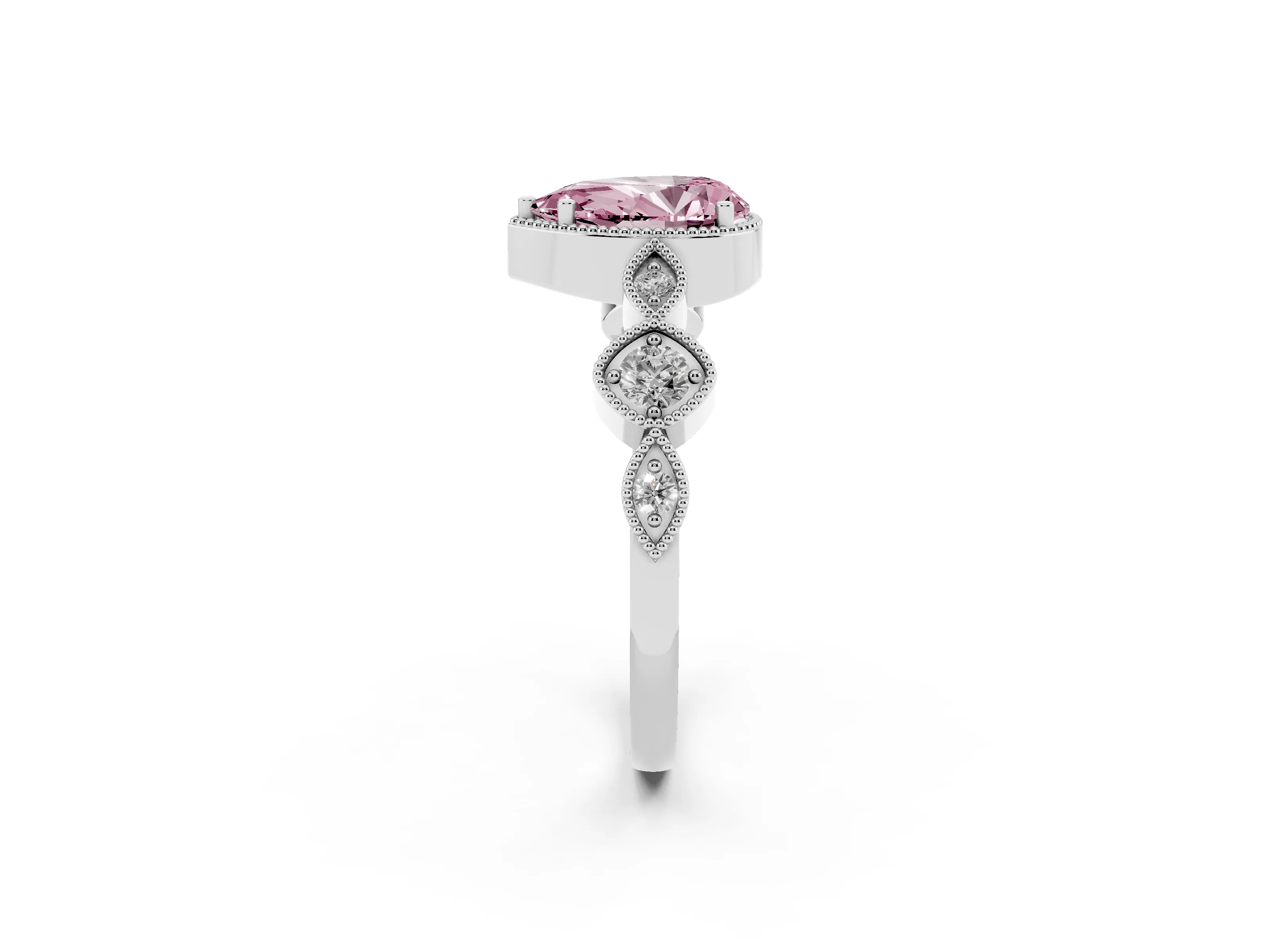 Fancy Pink Pear Cut Diamond Vintage-Inspired Milgrain Ring Set in Silver with Marquise Stations of Round Accents