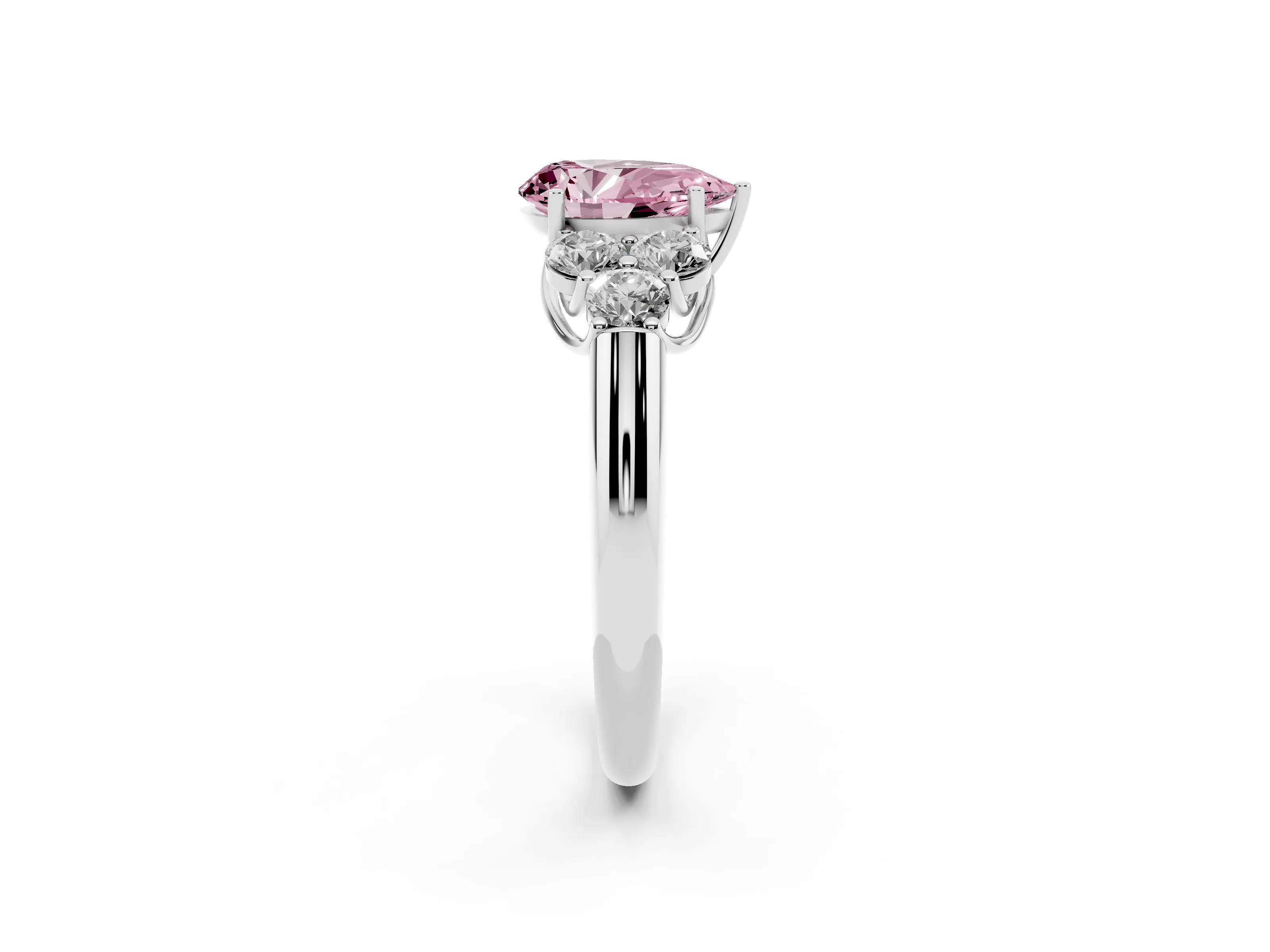 Fancy Pink Pear Cut Diamond Cluster Ring Set in Silver with Round Accent Stones and Prong Setting on a Plain Band