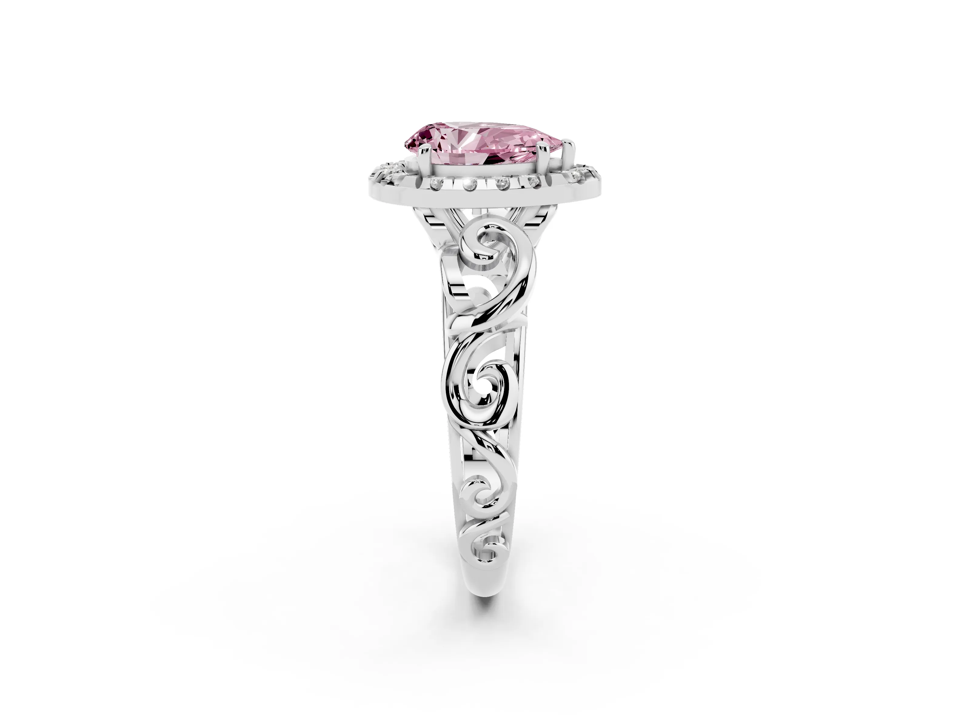 Fancy Pink Pear Cut Diamond Halo Ring Set in Platinum with Scrollwork Band and Prong Setting