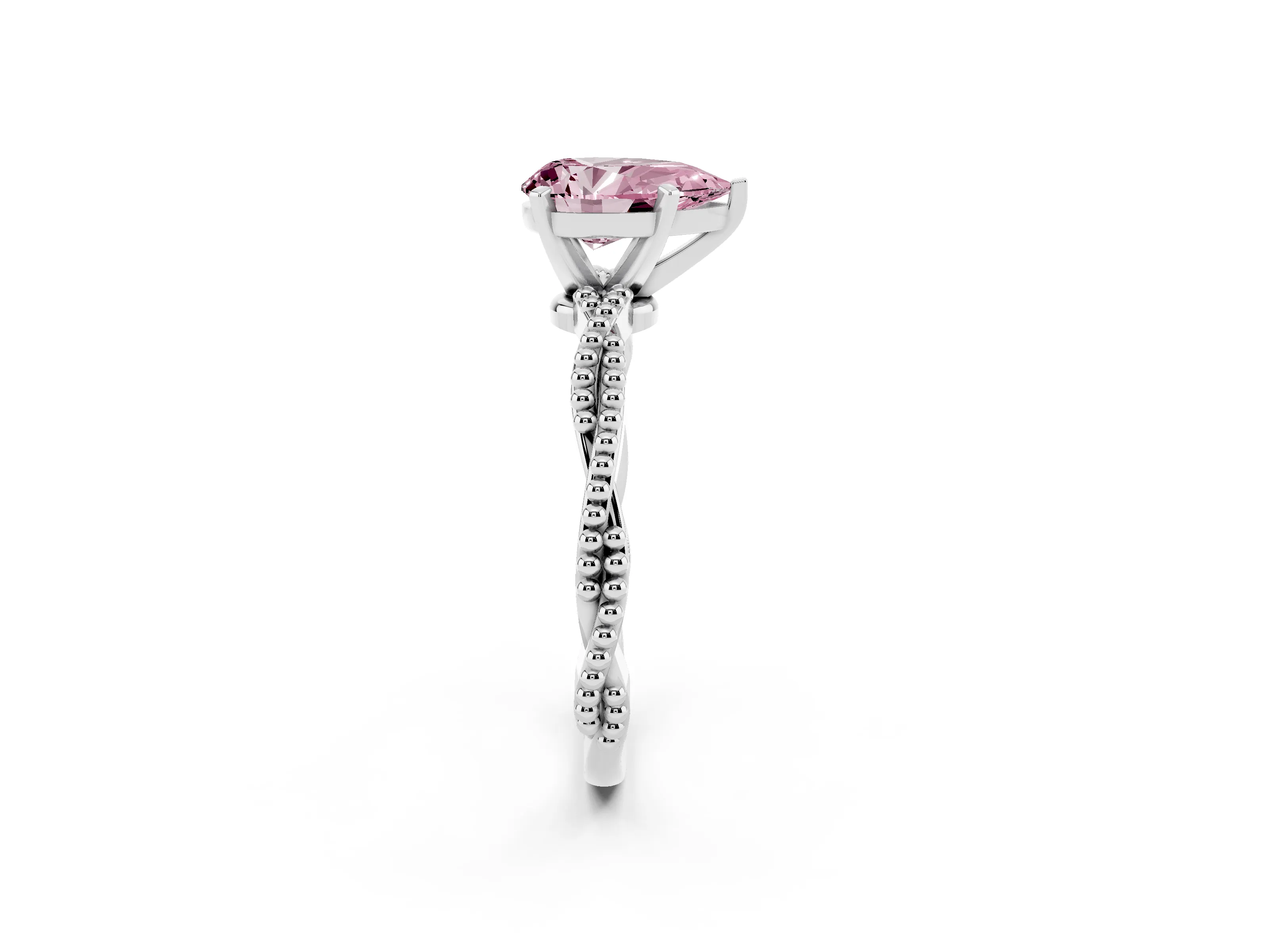 Fancy Pink Pear Cut Diamond Solitaire Ring Set in Silver with Twisted Band and Bead Prong Setting