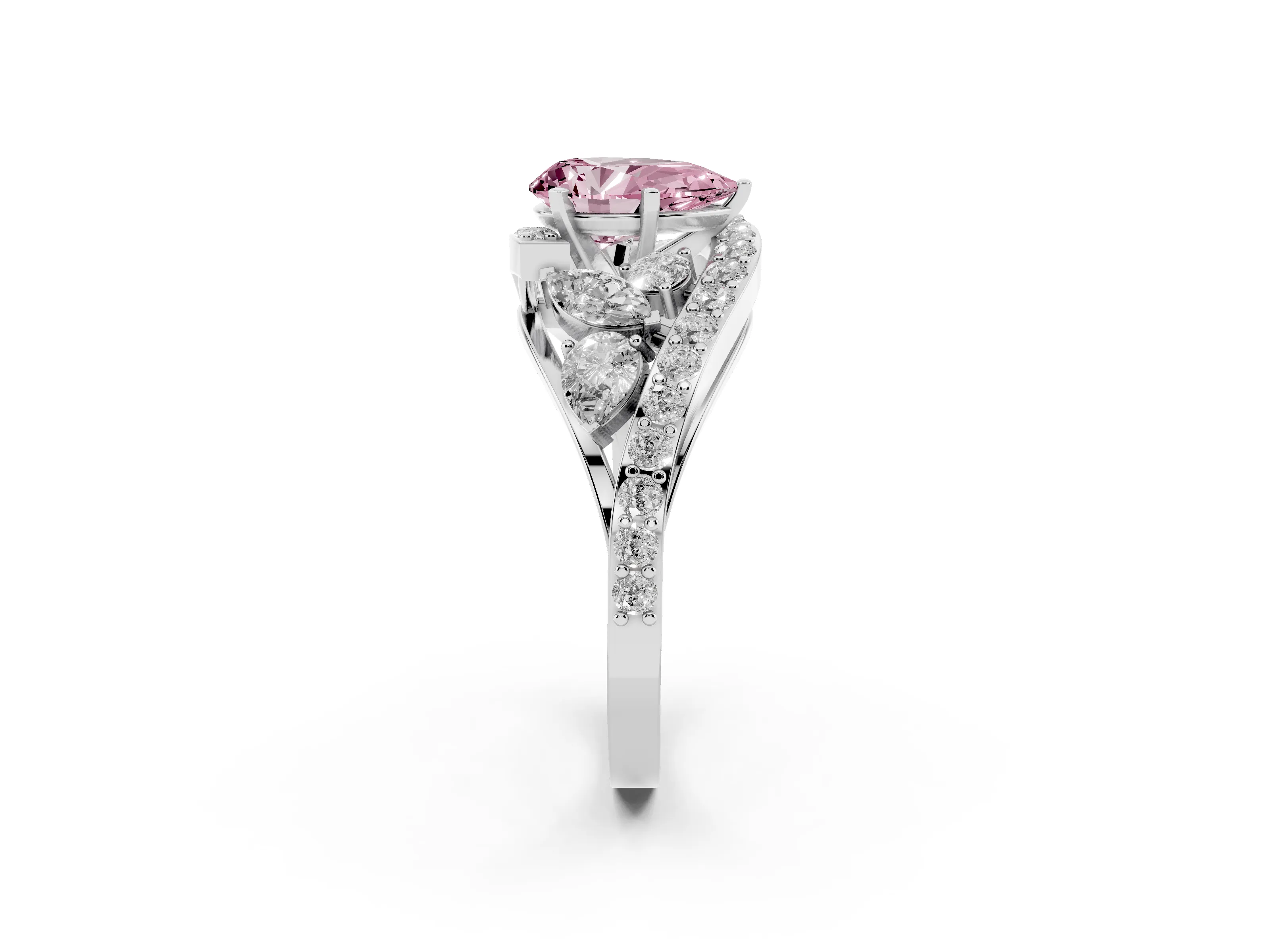 Fancy Pink Pear Cut Diamond Halo Ring Set in Platinum with Marquise and Pavé Band in Prong Setting